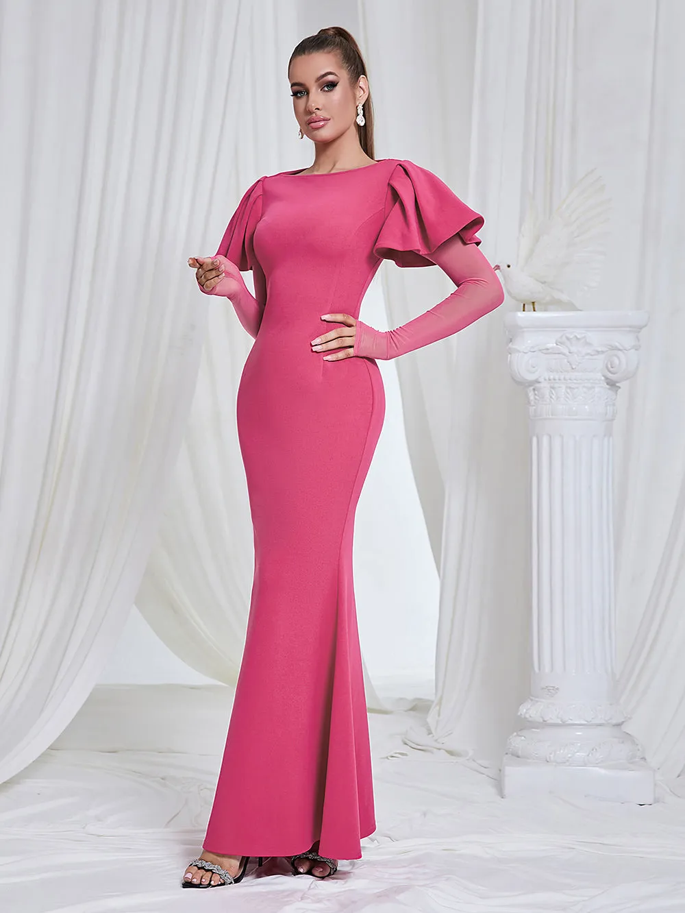 Long Sleeve Frill Maxi Bodycon Dress HB10198