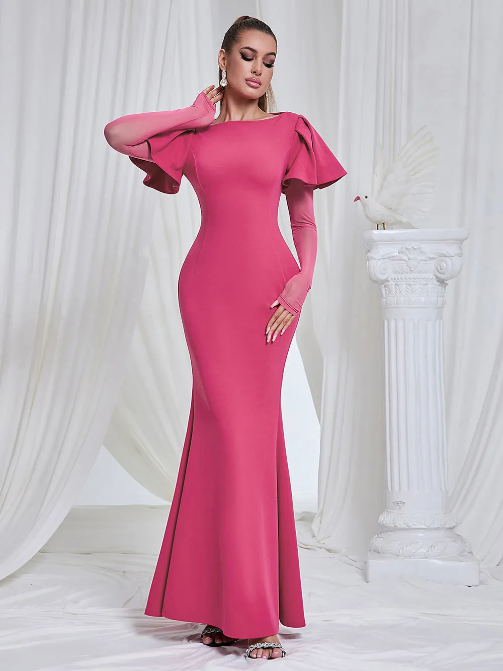Long Sleeve Frill Maxi Bodycon Dress HB10198