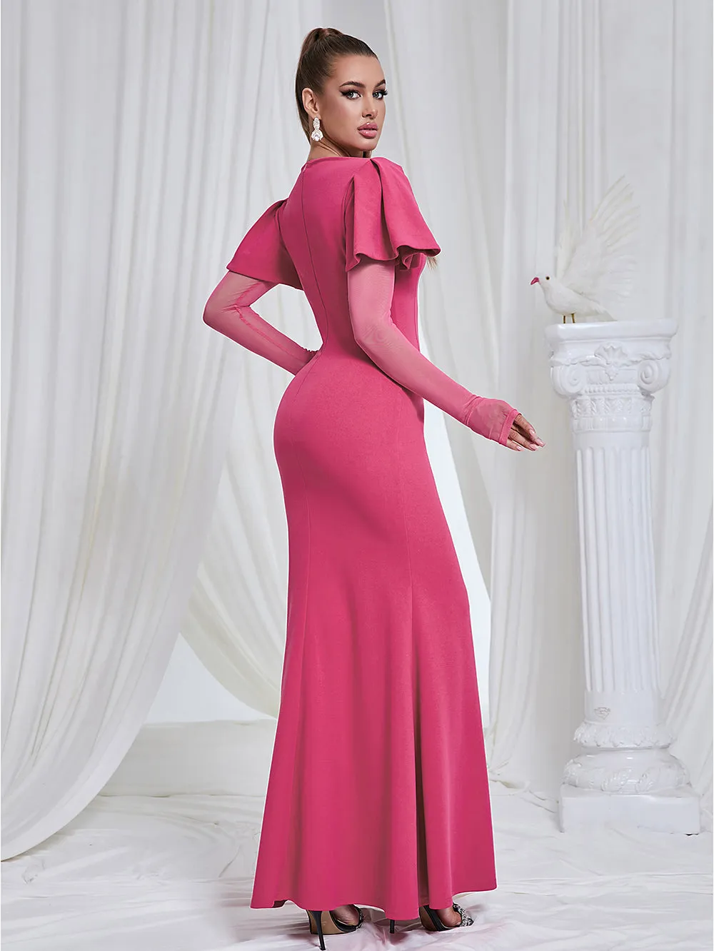 Long Sleeve Frill Maxi Bodycon Dress HB10198