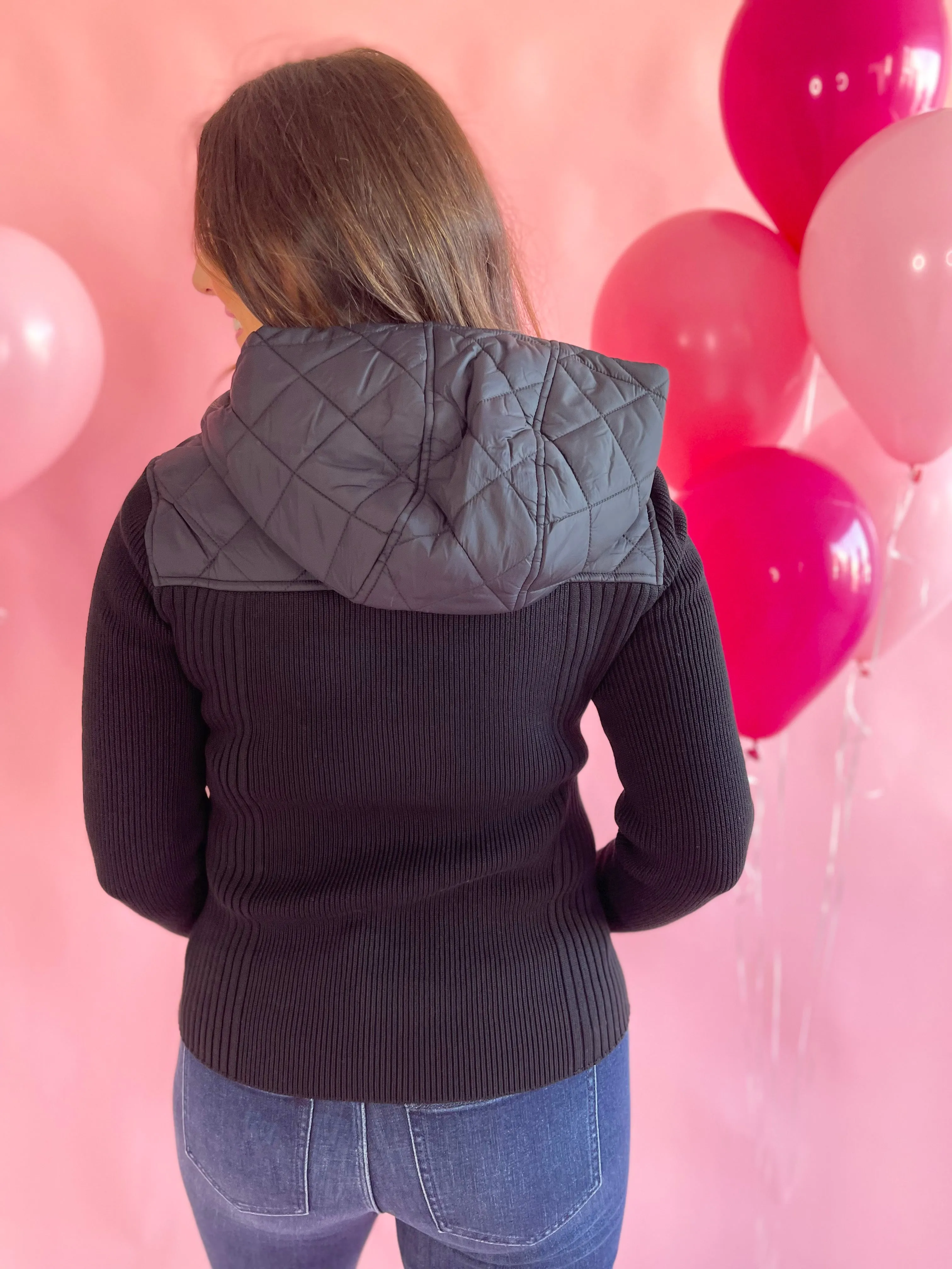 Long Sleeve Quilted Front Full Zip Hooded Jacket