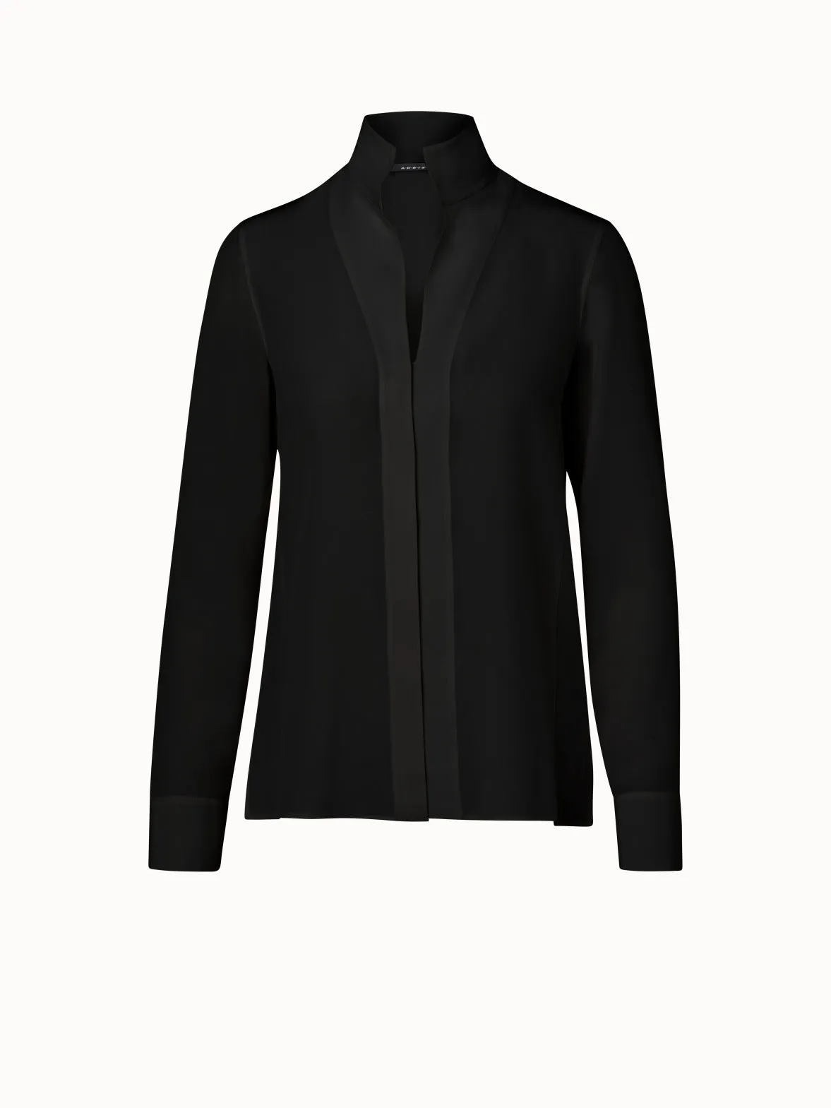 Long Sleeve Silk Blouse with Stand-up Collar