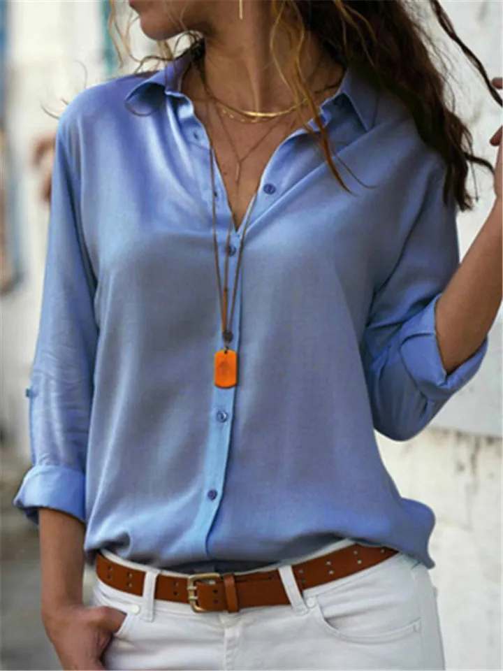Long Sleeve Solid Color Lapel Chiffon Blouse
