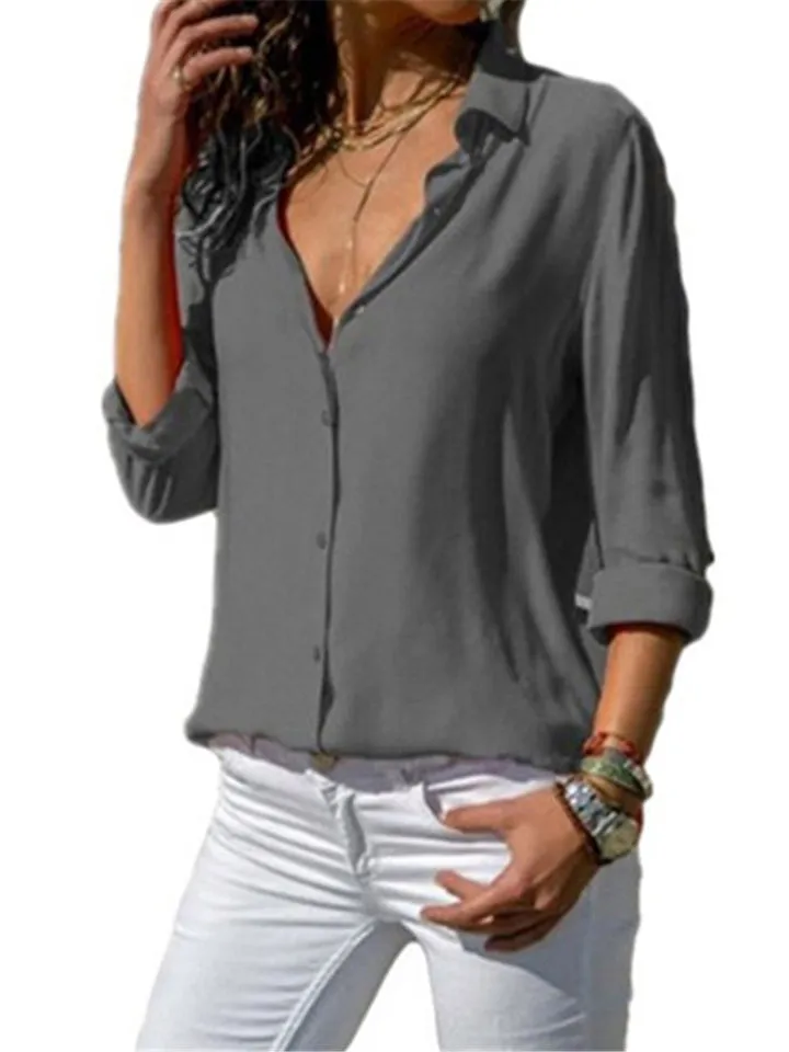 Long Sleeve Solid Color Lapel Chiffon Blouse