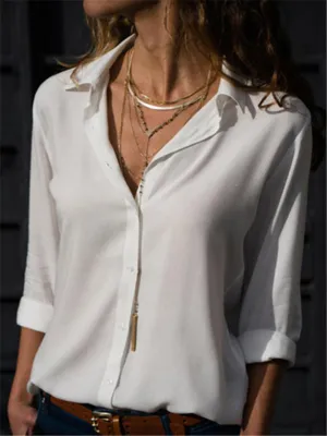 Long Sleeve Solid Color Lapel Chiffon Blouse
