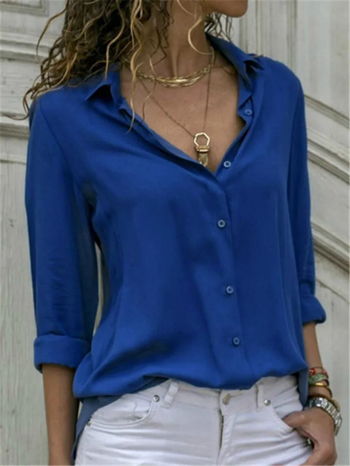 Long Sleeve Solid Color Lapel Chiffon Blouse