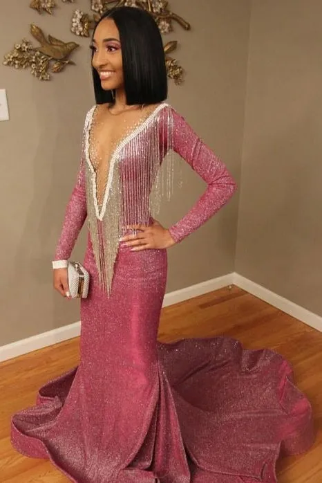 Long Sleeves Deep V-Neck Mermaid Prom Dress Sequins Royal Blue Red Long