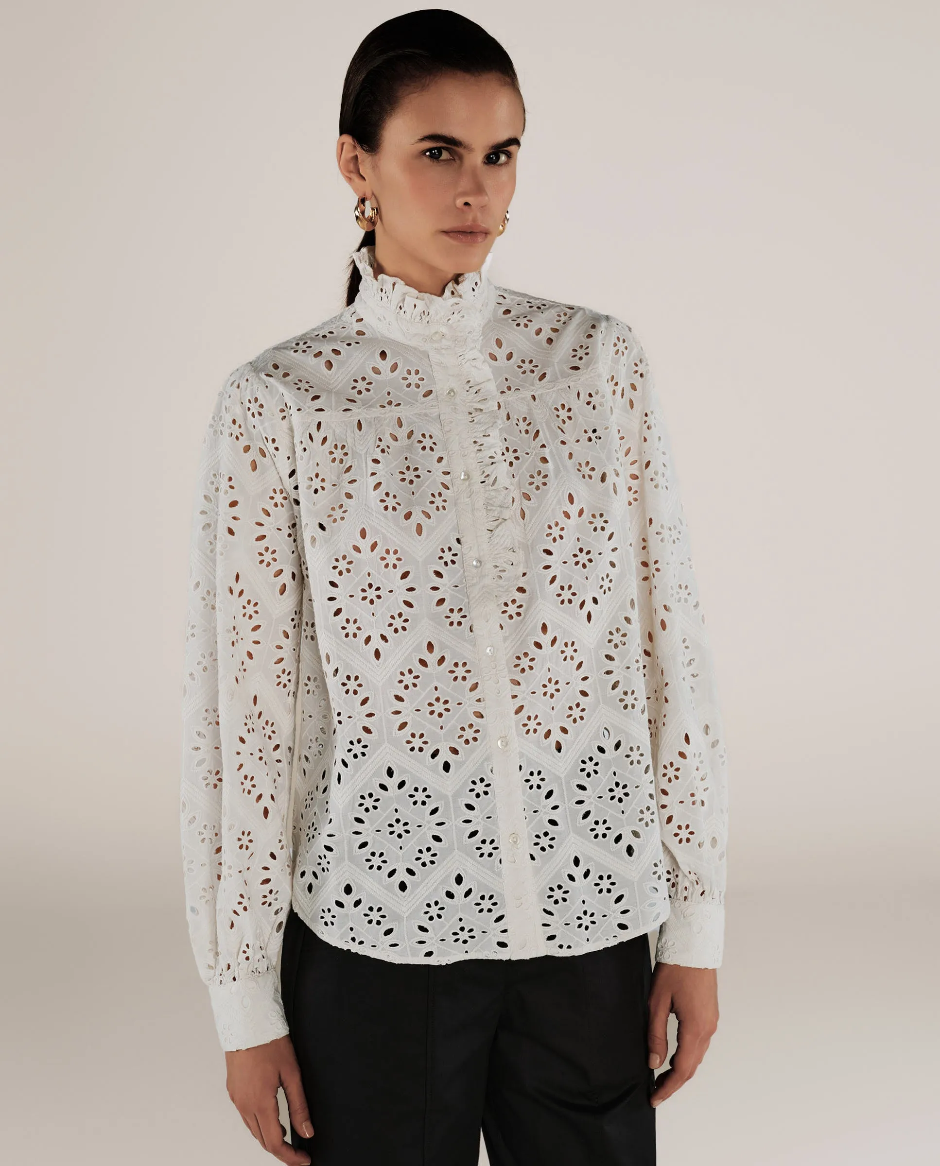 LULU | Ecru Embroidery Cotton Blouse