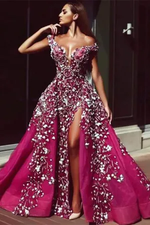 Luxurious Fuchsha Sparkle Sequin Off-the-shoulder Overskirt Evening Dress