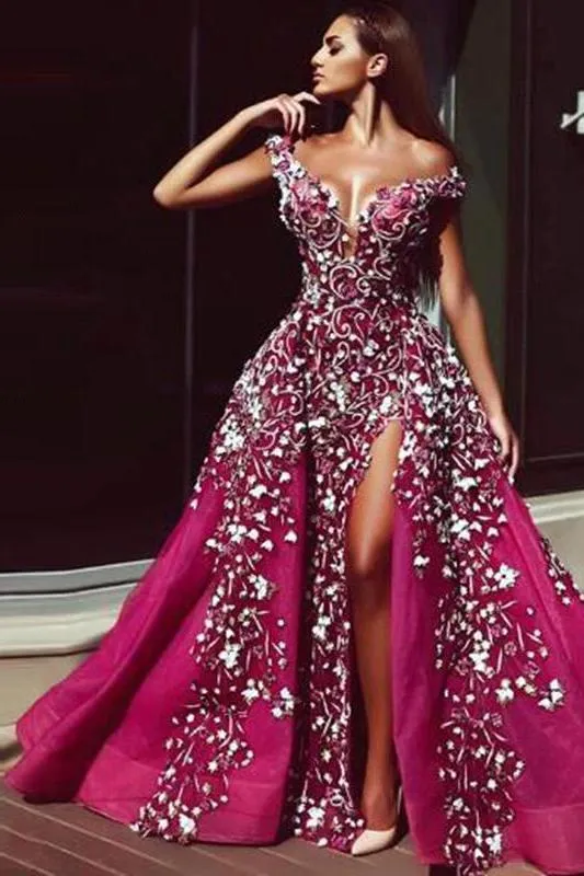 Luxurious Fuchsha Sparkle Sequin Off-the-shoulder Overskirt Evening Dress
