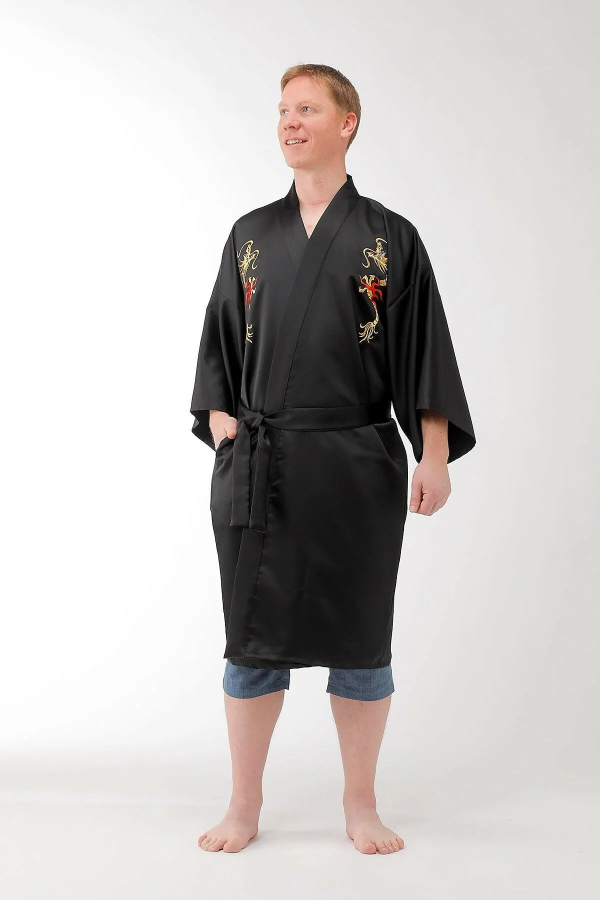 Men Flare Dragon Polyester Short Kimono
