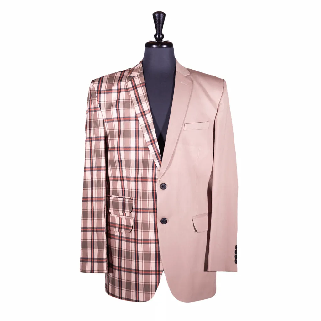 Men's Contrast Panel Solid Beige and Plaid Check Blazer (42R)