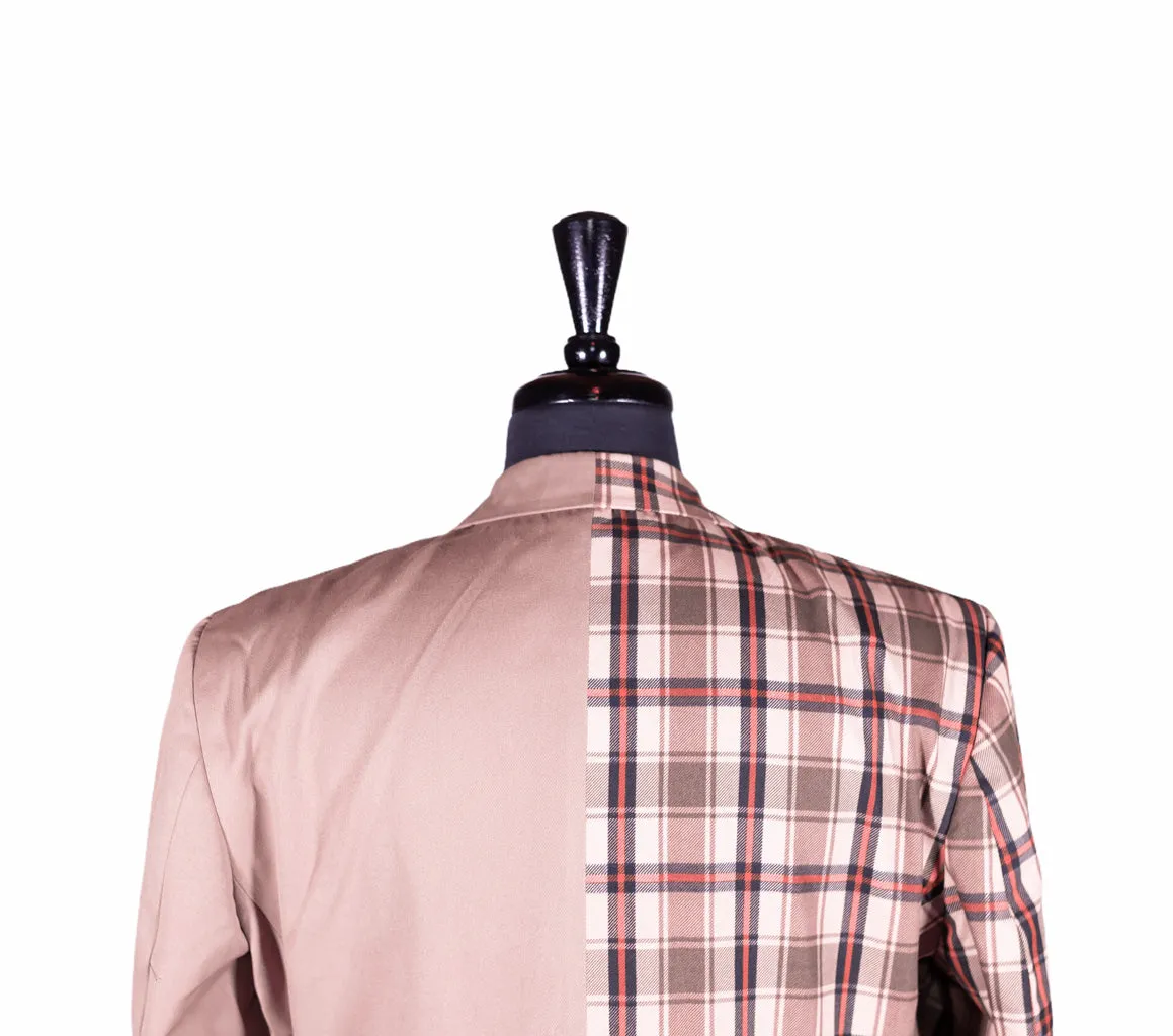 Men's Contrast Panel Solid Beige and Plaid Check Blazer (42R)