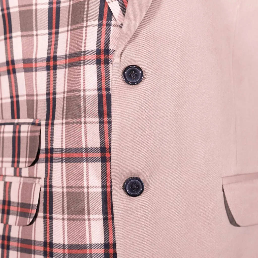 Men's Contrast Panel Solid Beige and Plaid Check Blazer (42R)