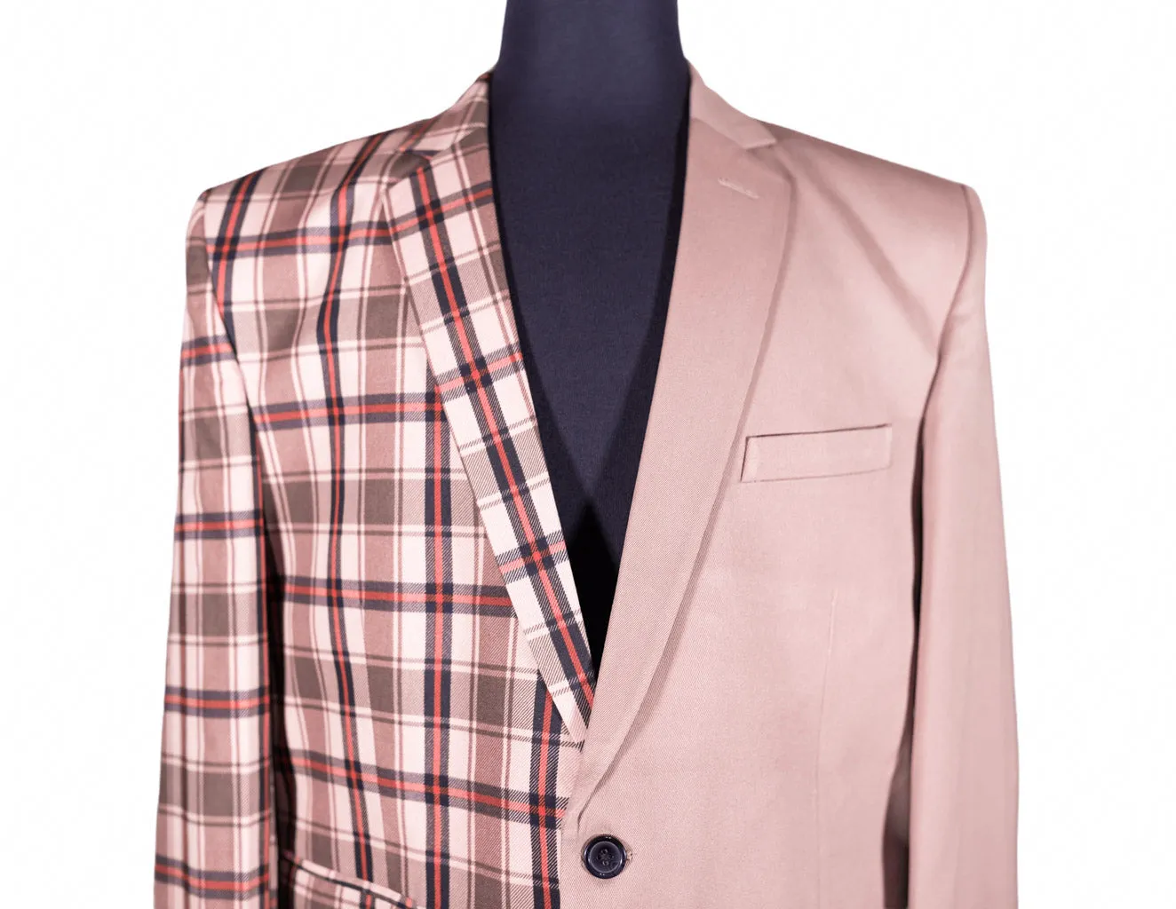 Men's Contrast Panel Solid Beige and Plaid Check Blazer (42R)