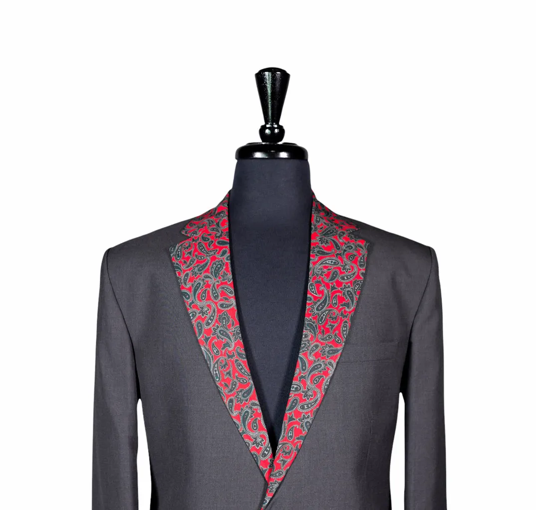 Men's Gray Wool Blazer with Paisley Lapel 40R