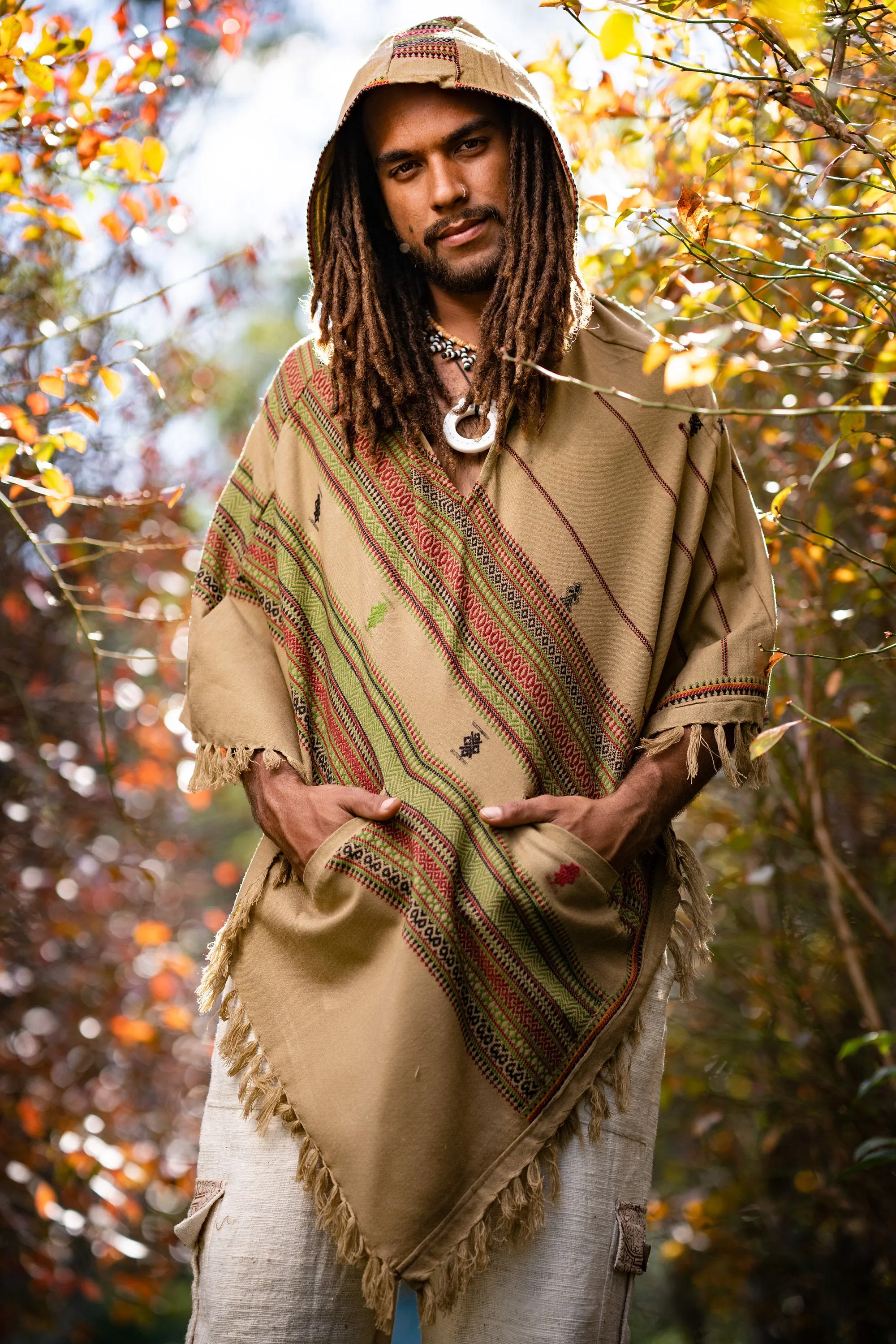 Men's Wool Hooded Poncho Desert Sand Brown l with Hood pockets, Earthy Tribal Celtic Festival Gypsy AJJAYA Mexican Primitive Nomadic