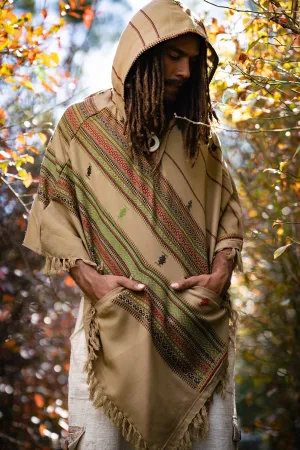Men's Wool Hooded Poncho Desert Sand Brown l with Hood pockets, Earthy Tribal Celtic Festival Gypsy AJJAYA Mexican Primitive Nomadic