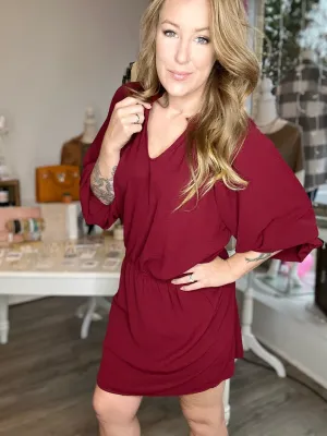 Merlot Ruffled Puff Sleeve Dress