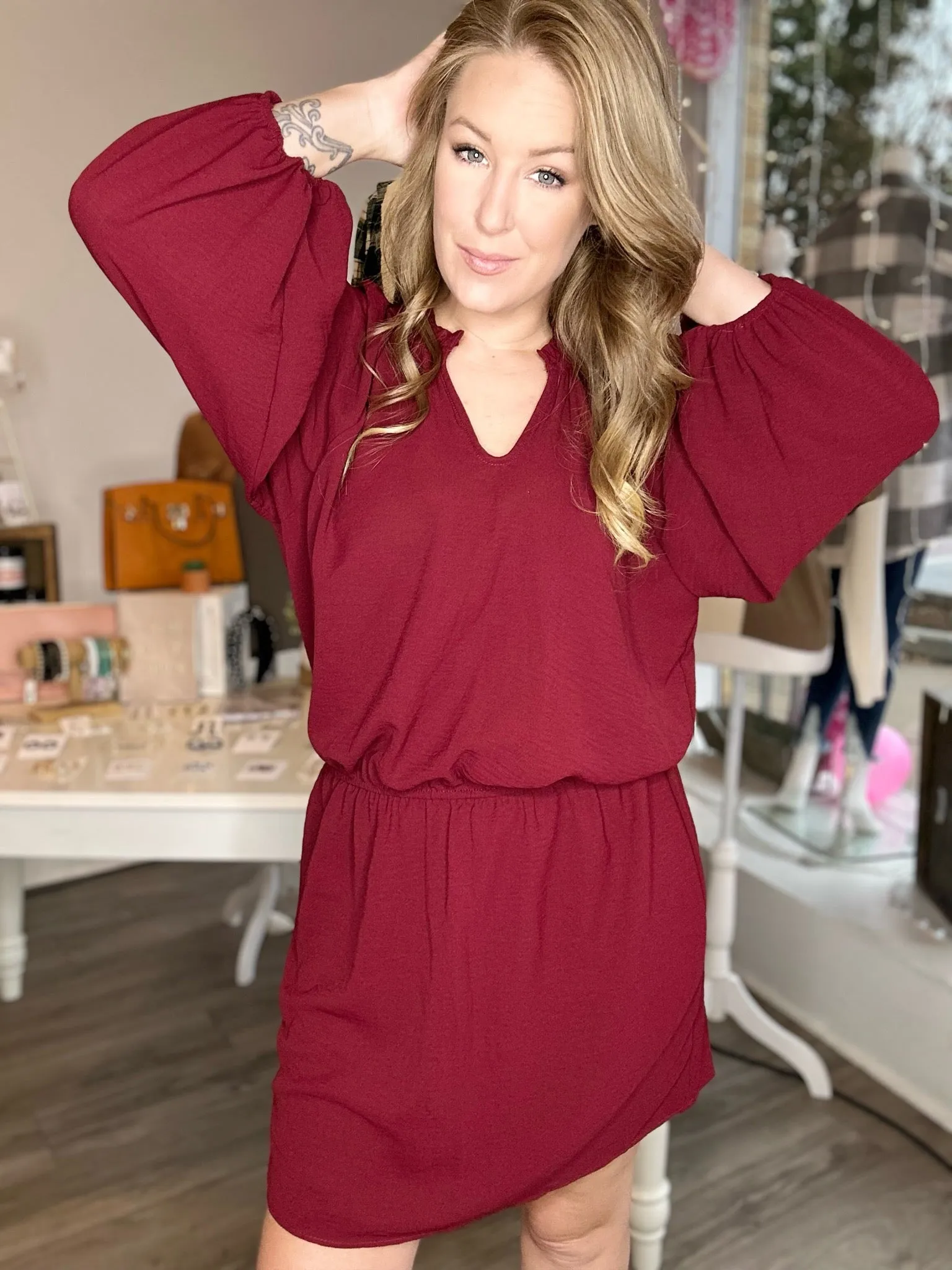 Merlot Ruffled Puff Sleeve Dress