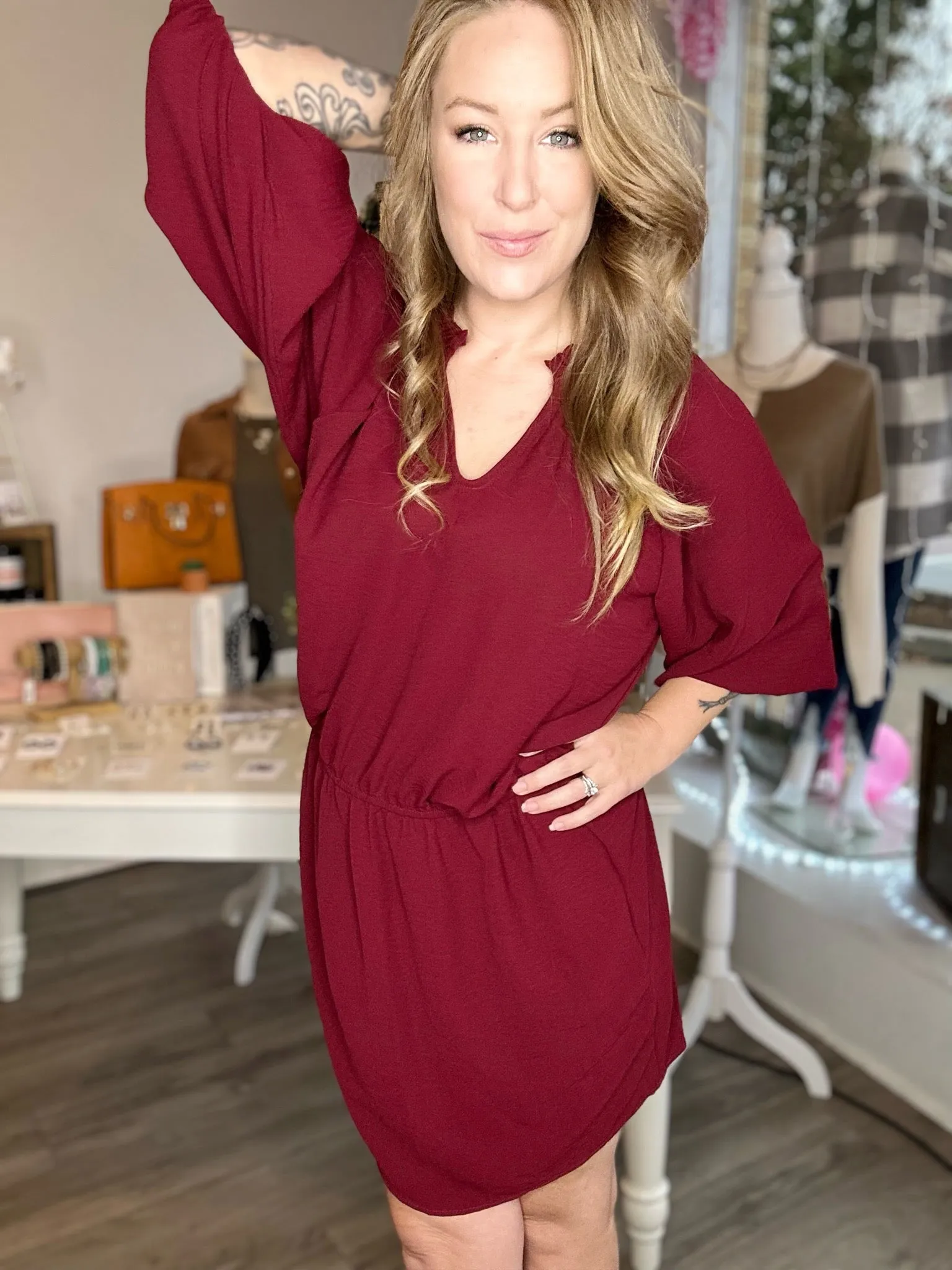Merlot Ruffled Puff Sleeve Dress