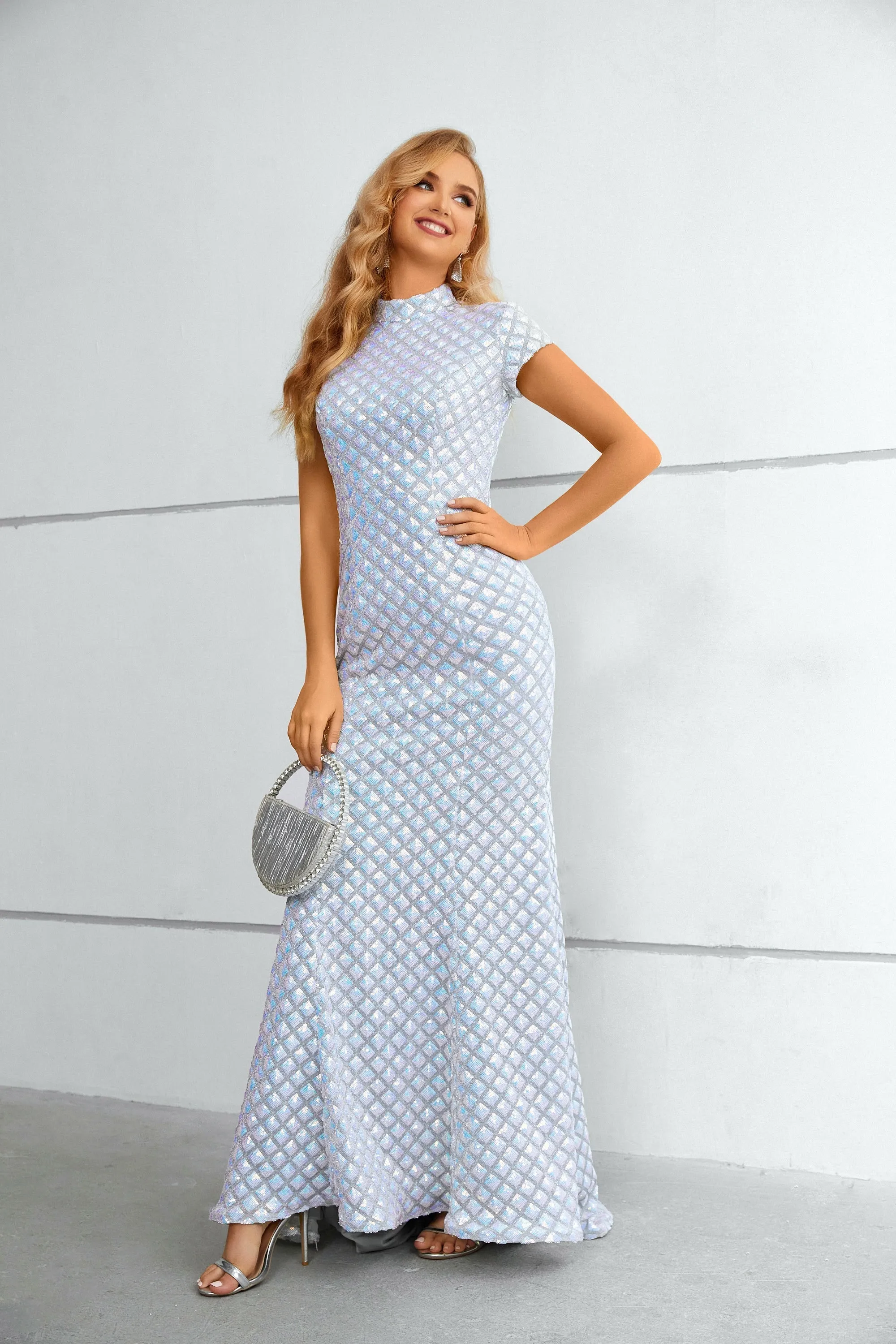 Mermaid High Neck Cap Sleeves Ankle Length Modest Prom Dress