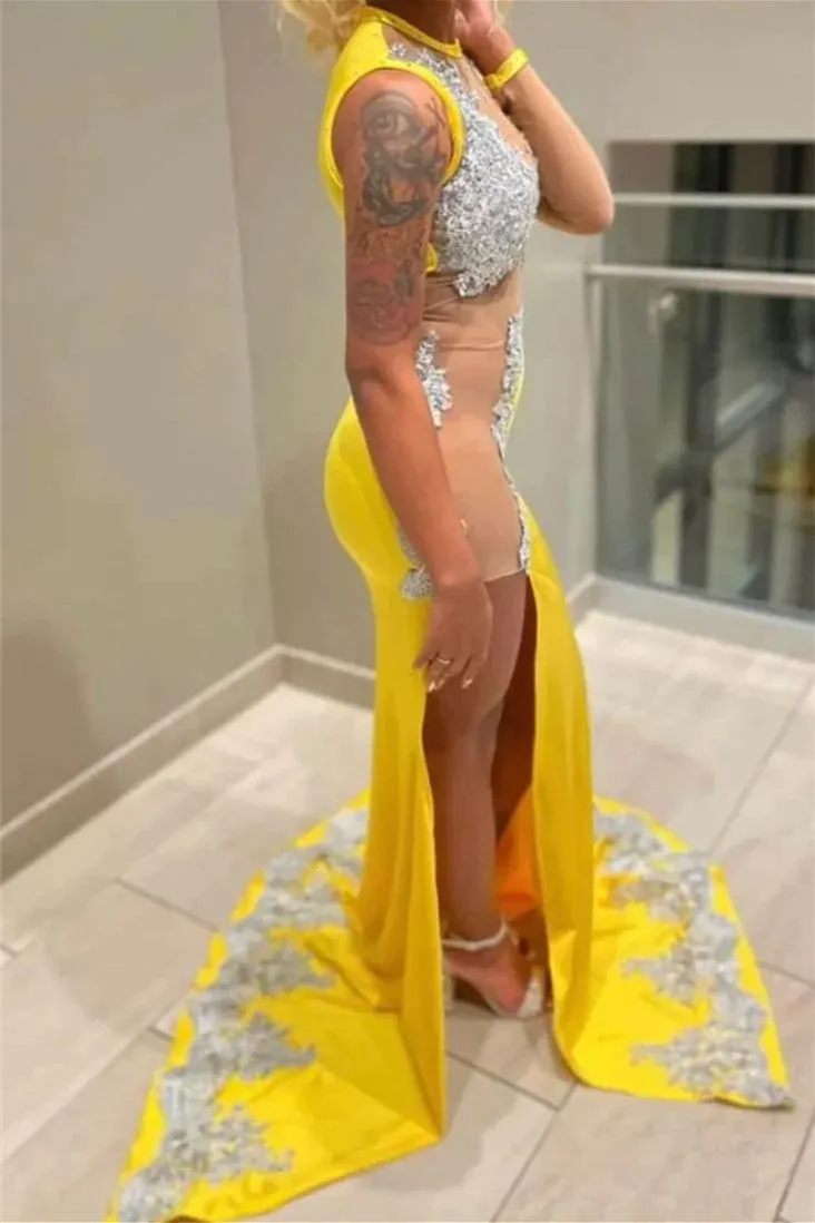Mermaid Jewel Lace Applique Sequined Floor-length Sleeveless High Split Prom Dress