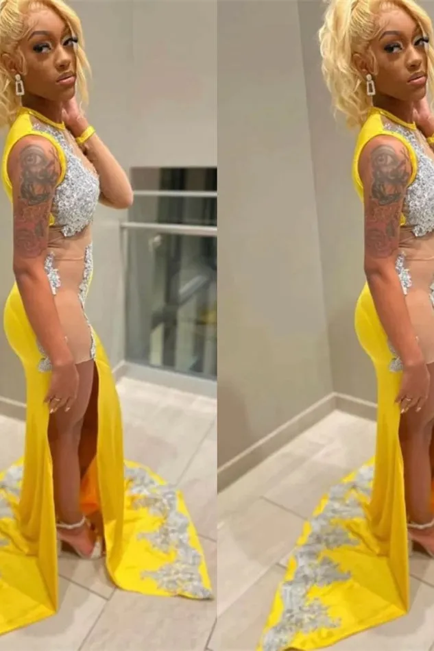 Mermaid Jewel Lace Applique Sequined Floor-length Sleeveless High Split Prom Dress