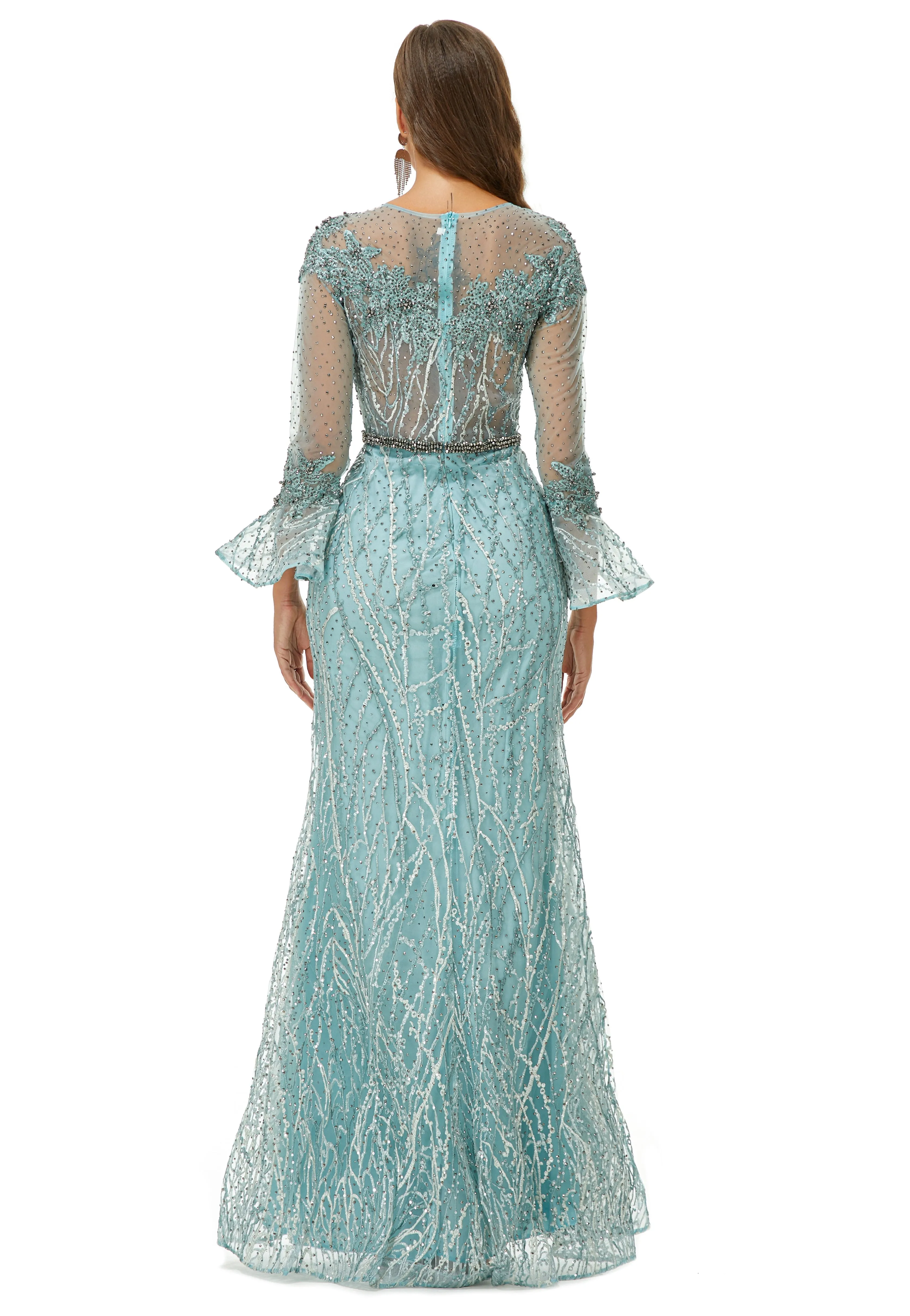 Mermaid Jewel Lace Sequined Ankle Lengt Long Sleeve Prom Dress