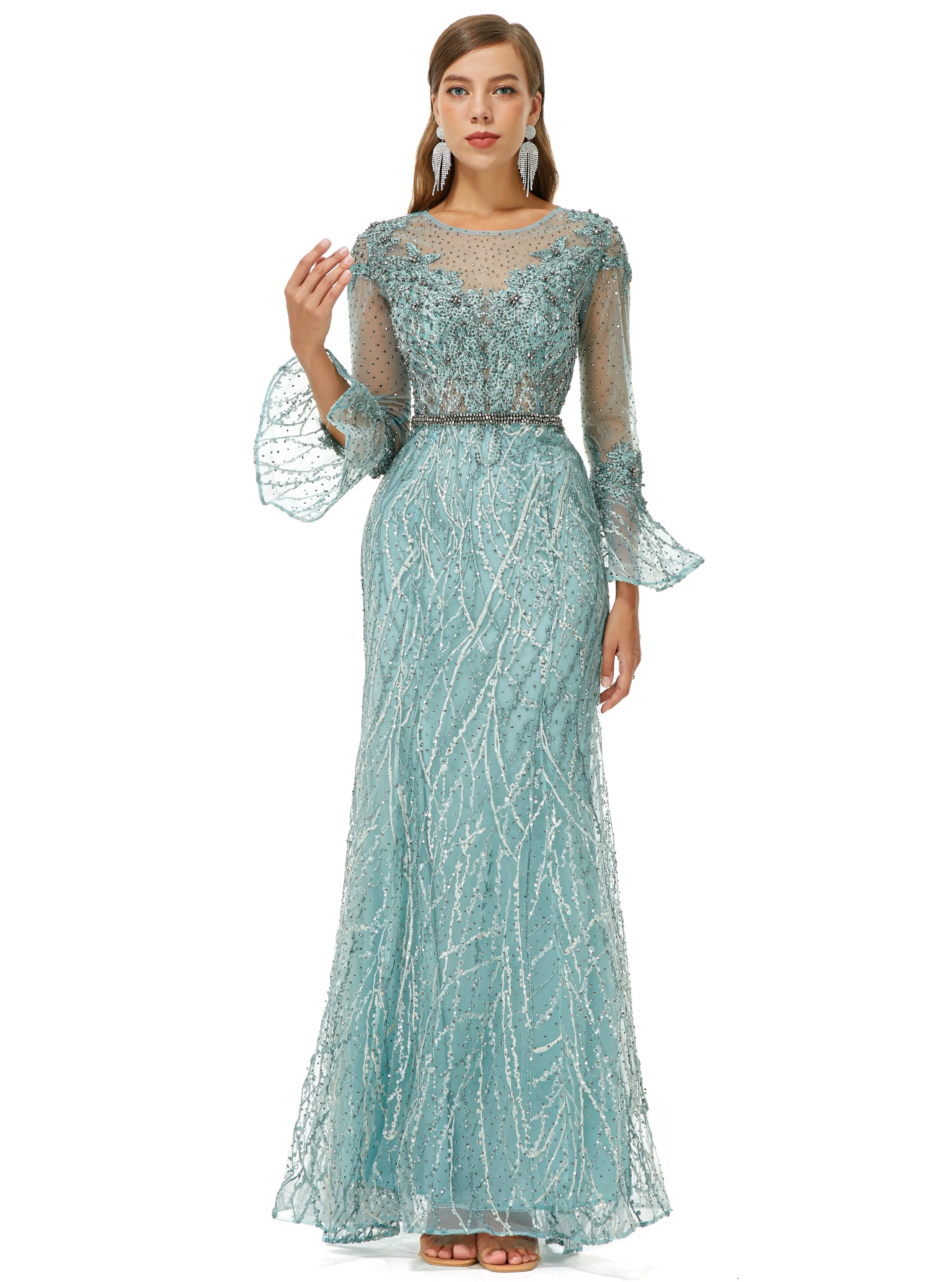 Mermaid Jewel Lace Sequined Ankle Lengt Long Sleeve Prom Dress