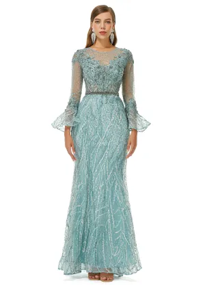 Mermaid Jewel Lace Sequined Ankle Lengt Long Sleeve Prom Dress