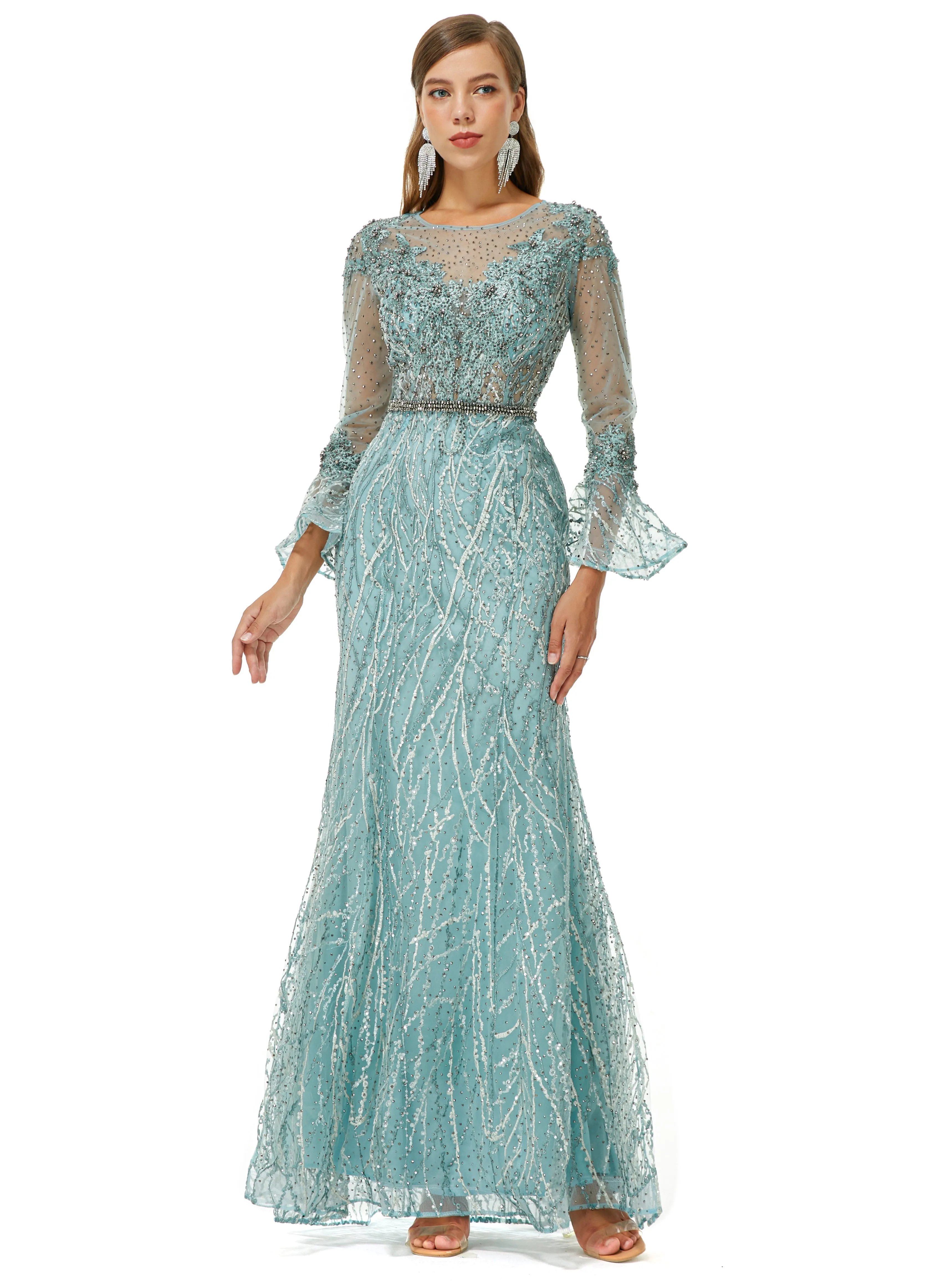 Mermaid Jewel Lace Sequined Ankle Lengt Long Sleeve Prom Dress