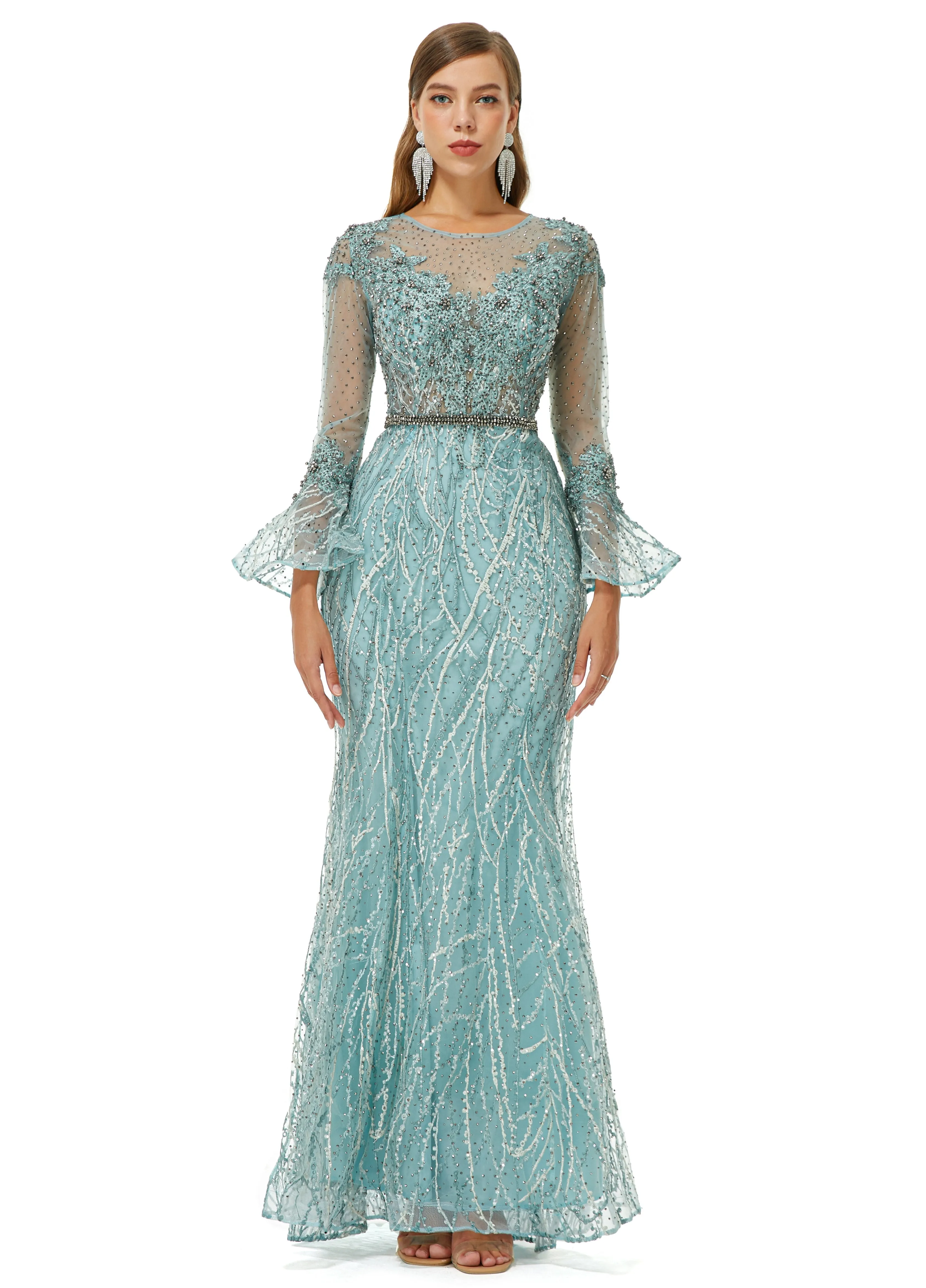 Mermaid Jewel Lace Sequined Ankle Lengt Long Sleeve Prom Dress