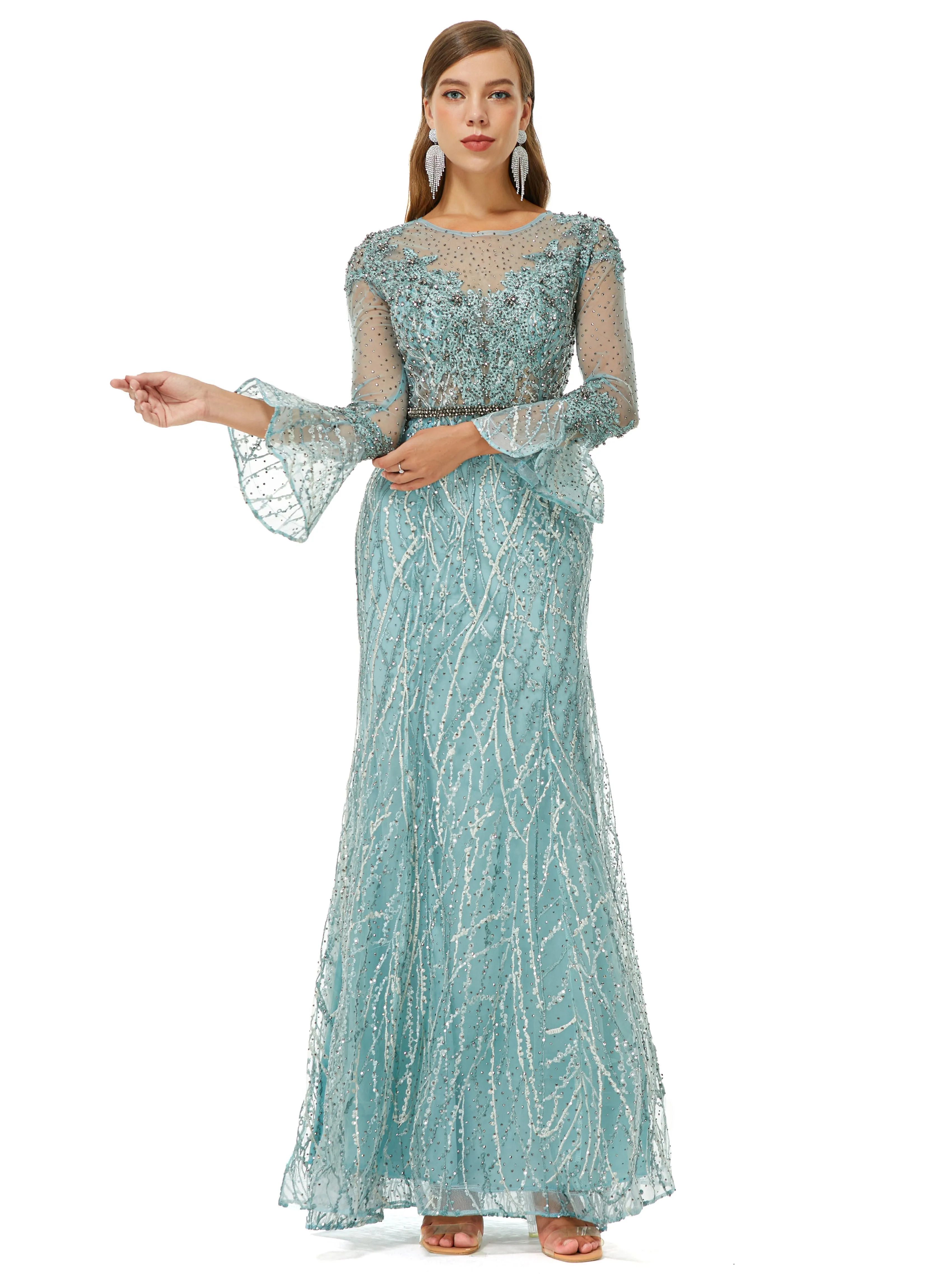 Mermaid Jewel Lace Sequined Ankle Lengt Long Sleeve Prom Dress