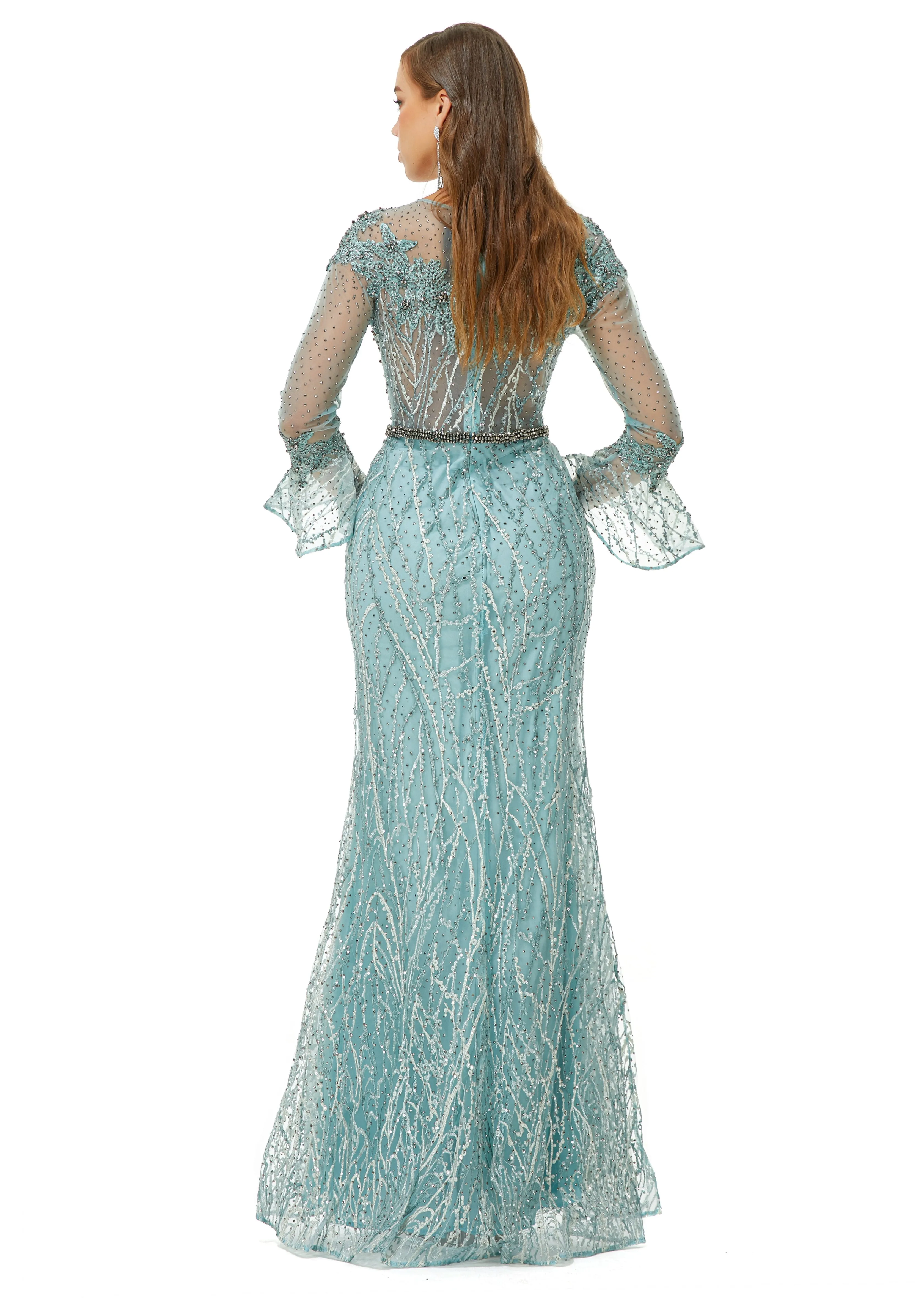 Mermaid Jewel Lace Sequined Ankle Lengt Long Sleeve Prom Dress