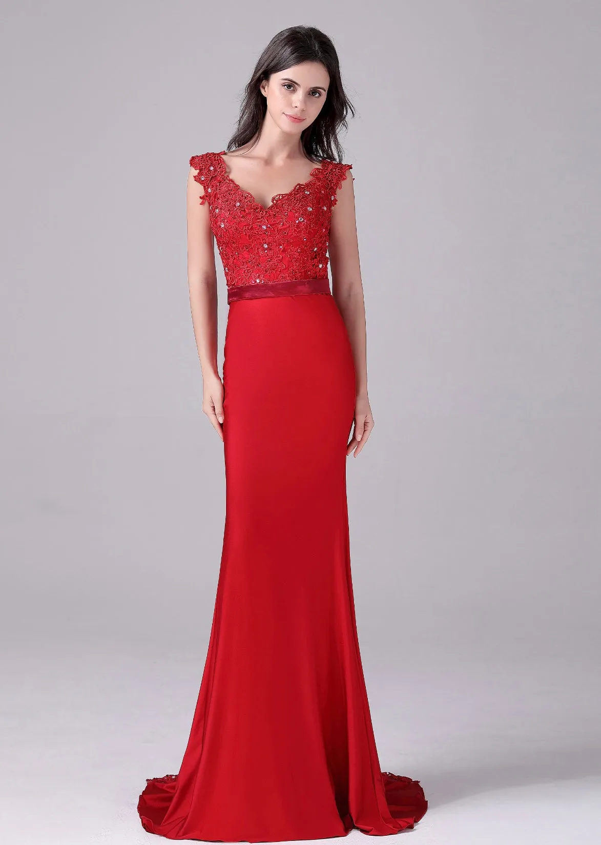 Mermaid V-neck Lace Floor Length Sleeveless Backless mother's dress