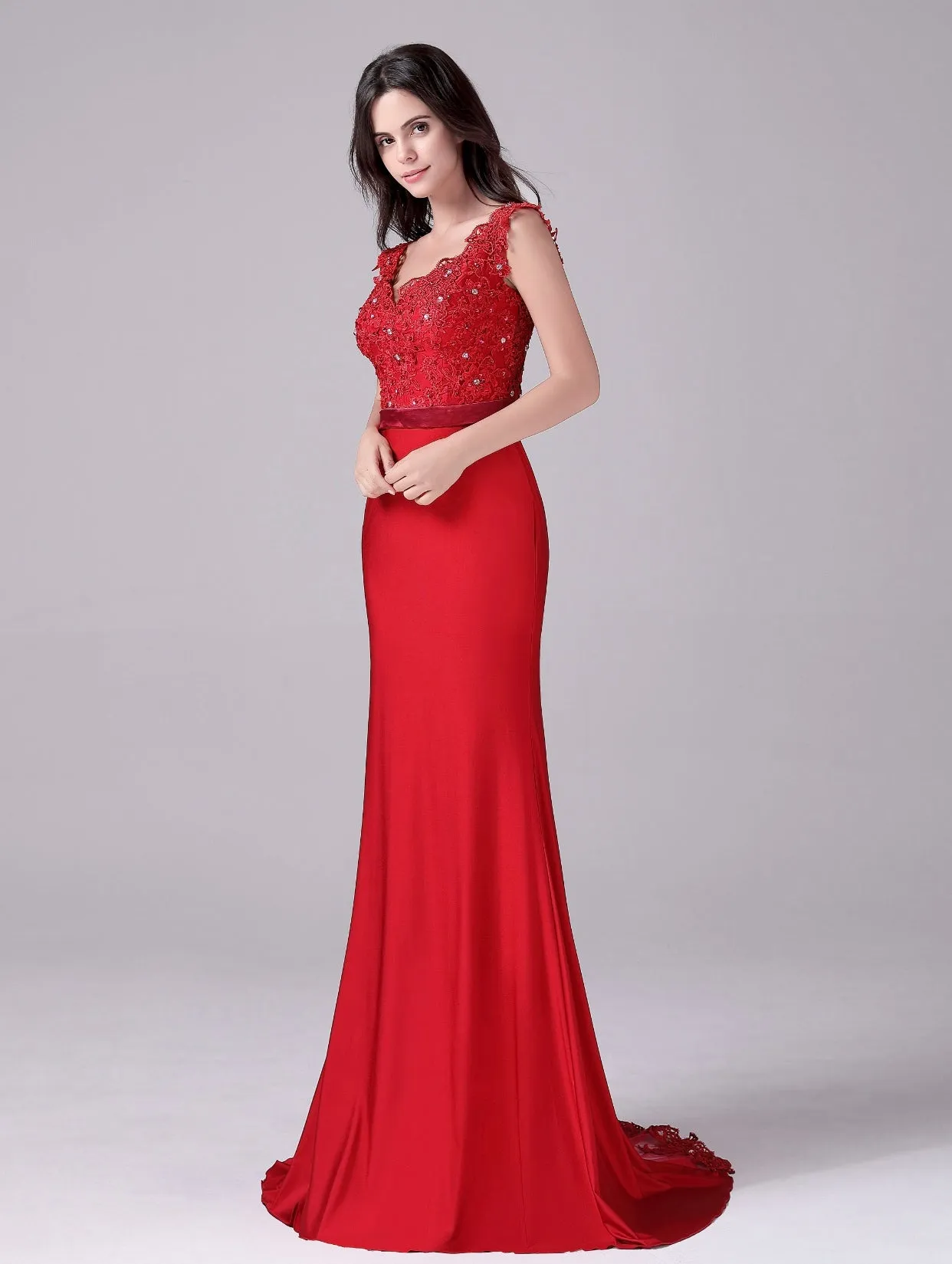 Mermaid V-neck Lace Floor Length Sleeveless Backless mother's dress