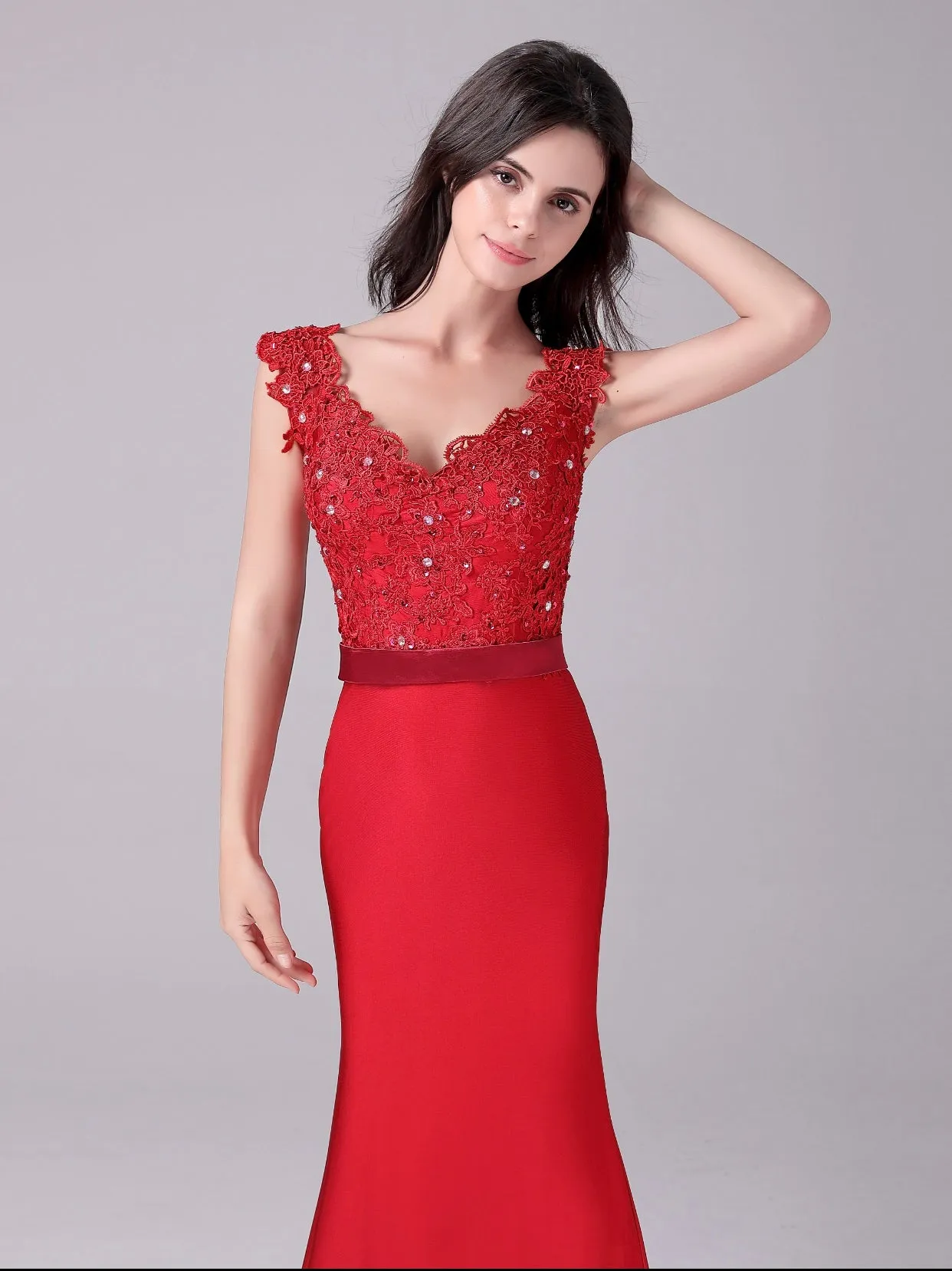 Mermaid V-neck Lace Floor Length Sleeveless Backless mother's dress