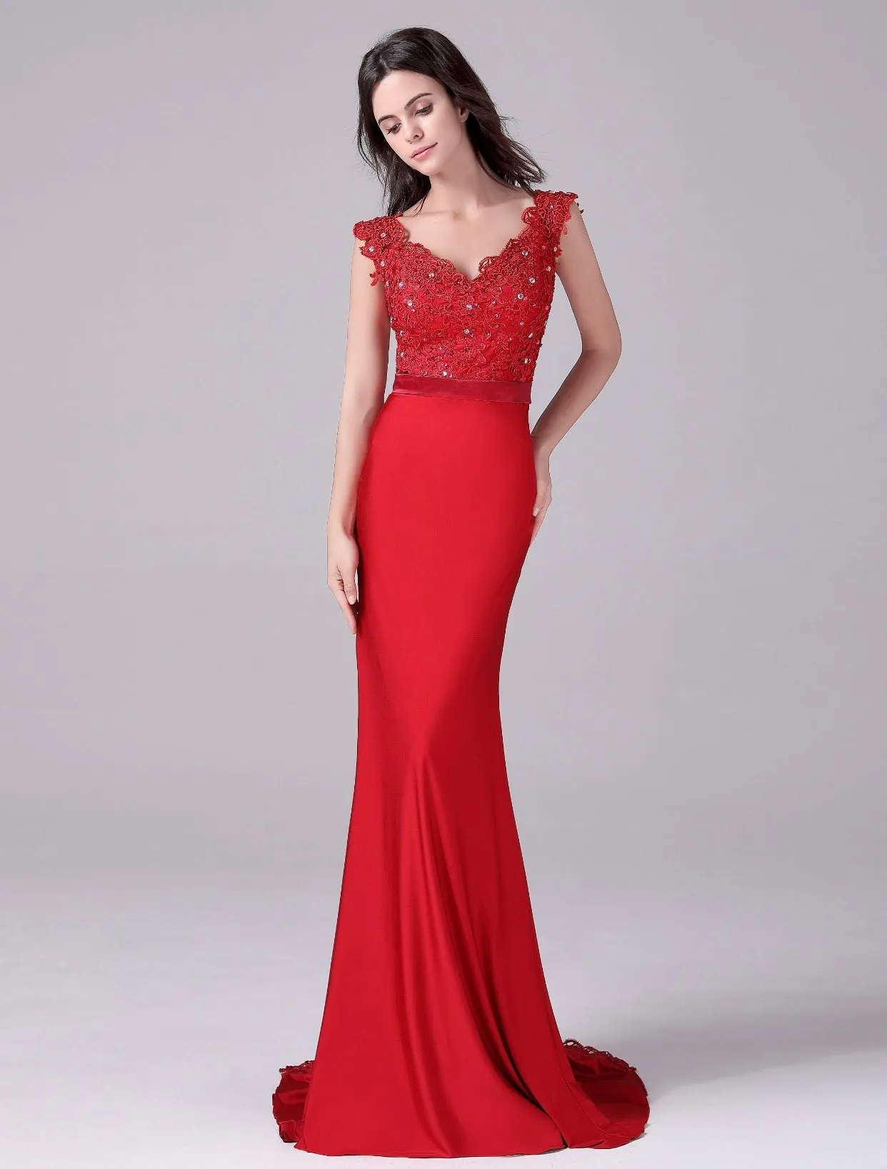 Mermaid V-neck Lace Floor Length Sleeveless Backless mother's dress