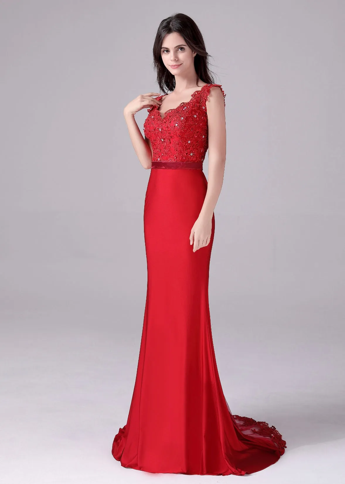 Mermaid V-neck Lace Floor Length Sleeveless Backless mother's dress
