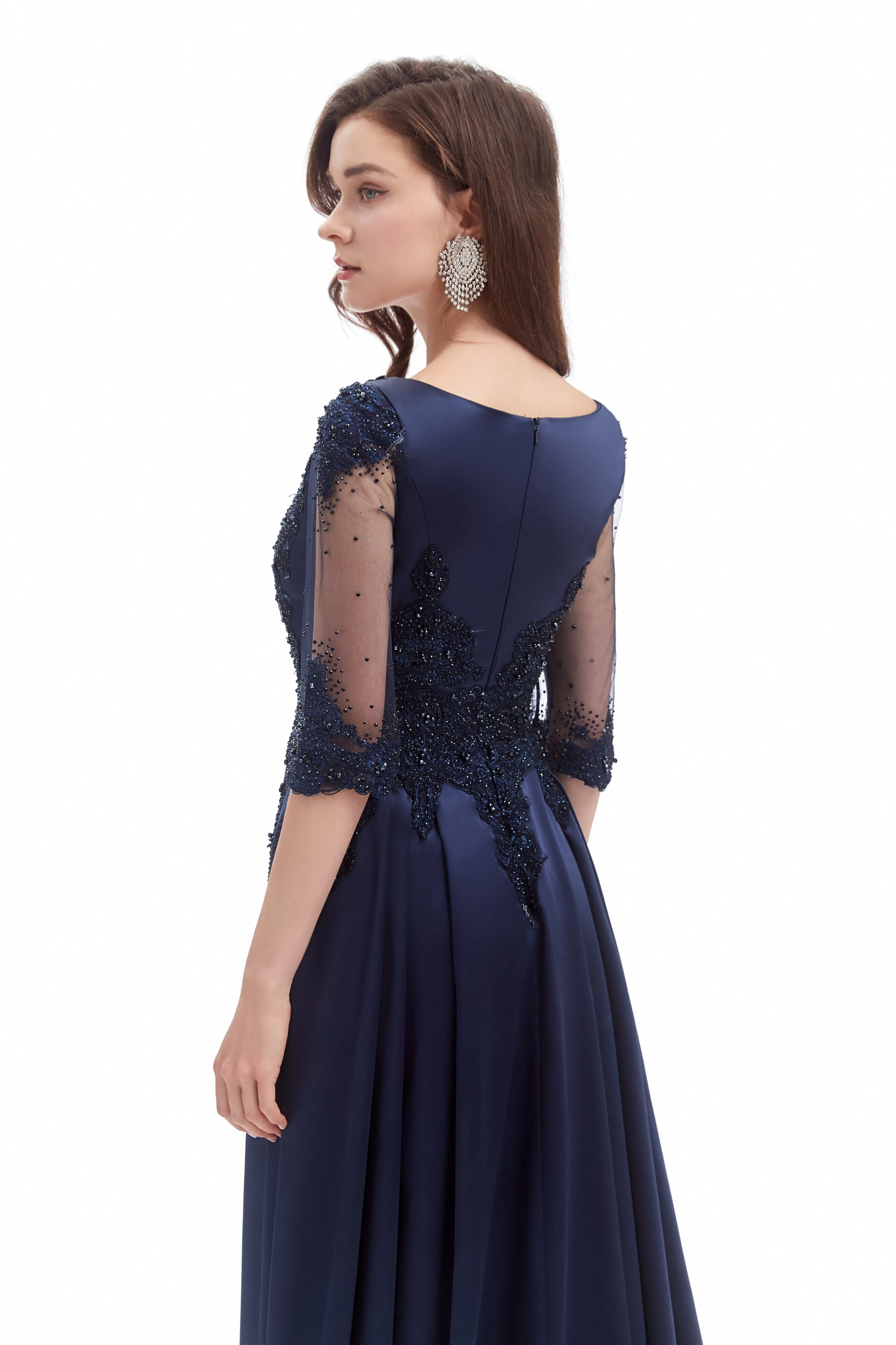 Mermaid V-neck Sequined Beaded Floor-length Half Sleeves Appliques Lace Prom Dress