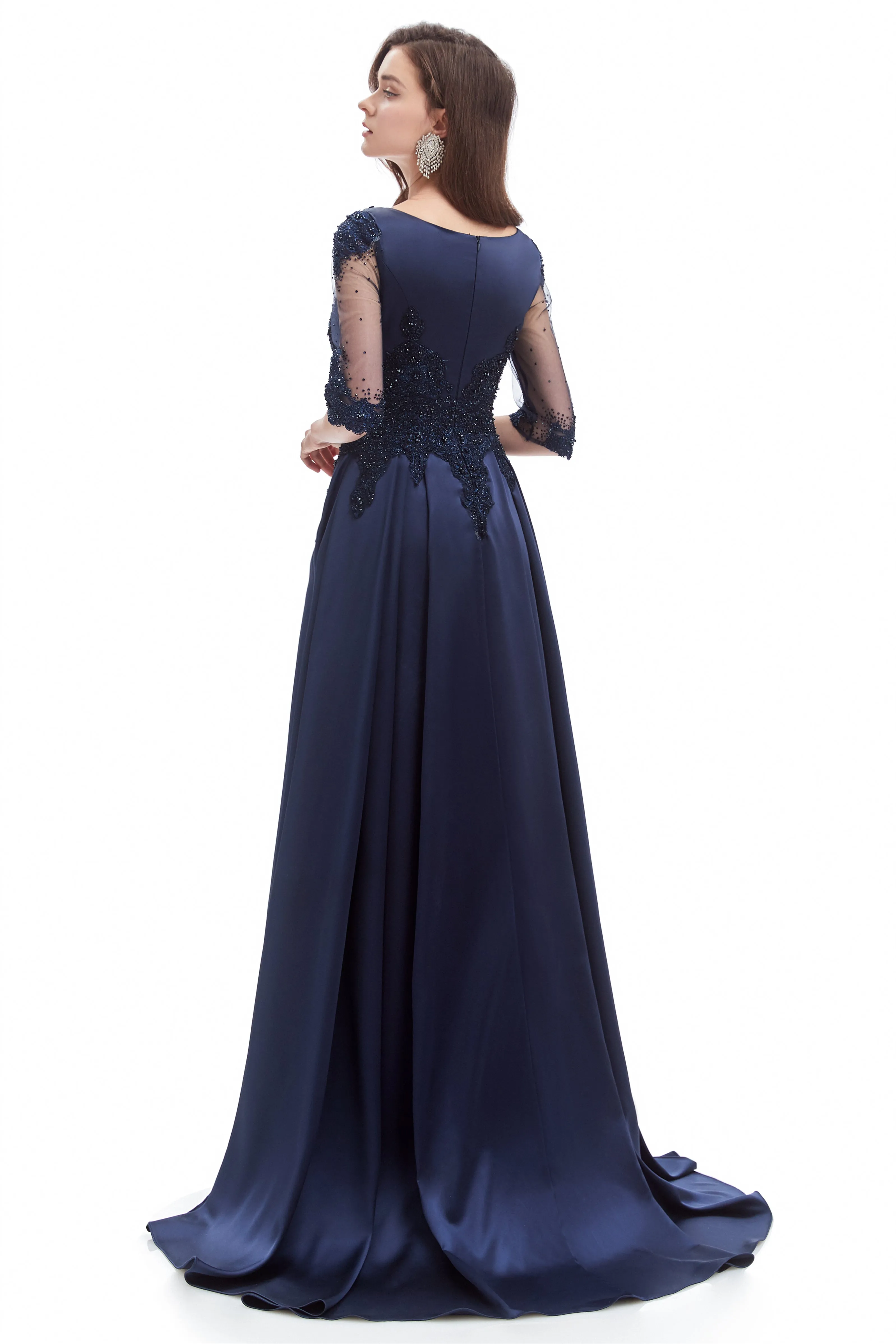 Mermaid V-neck Sequined Beaded Floor-length Half Sleeves Appliques Lace Prom Dress