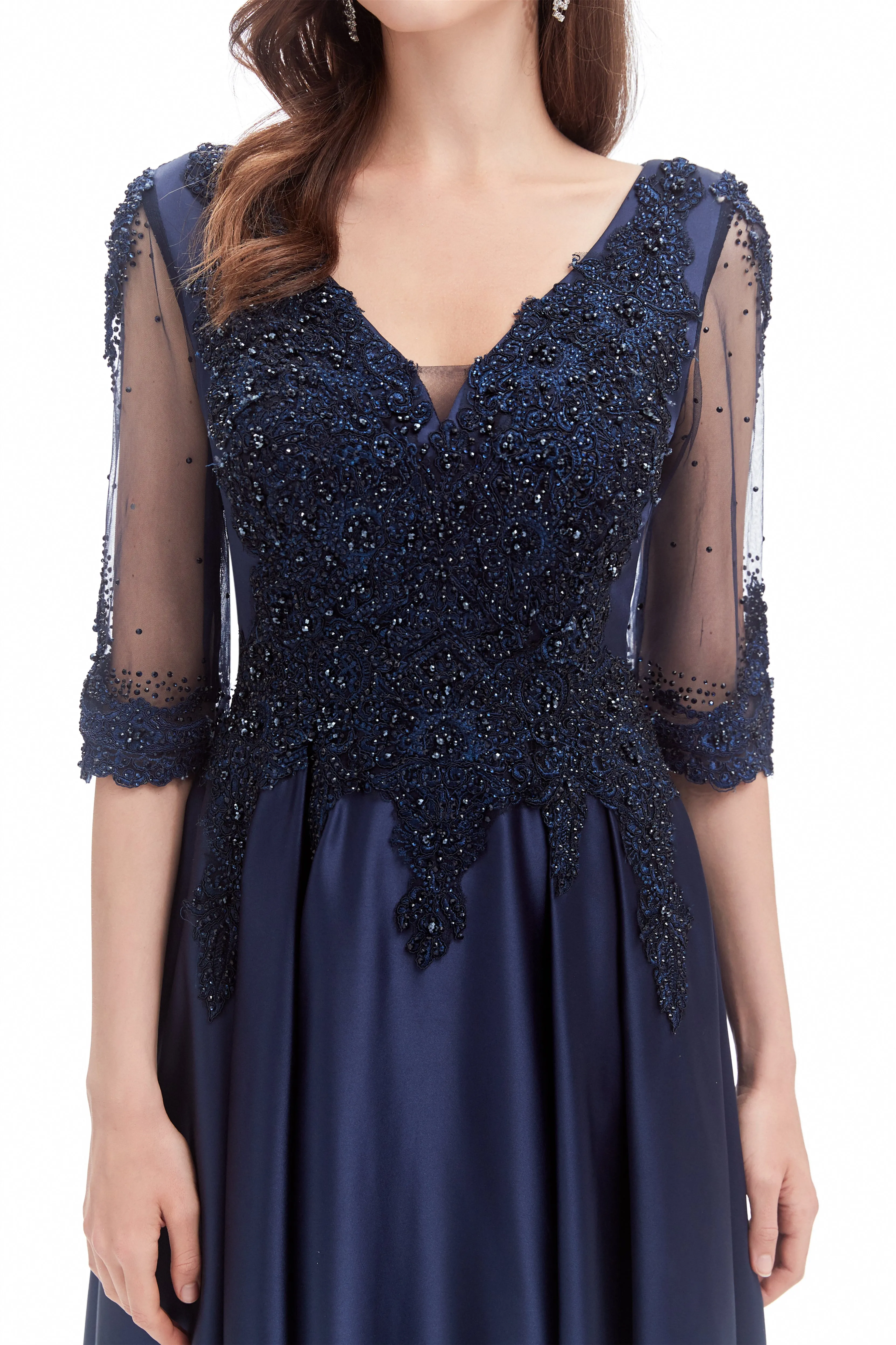 Mermaid V-neck Sequined Beaded Floor-length Half Sleeves Appliques Lace Prom Dress