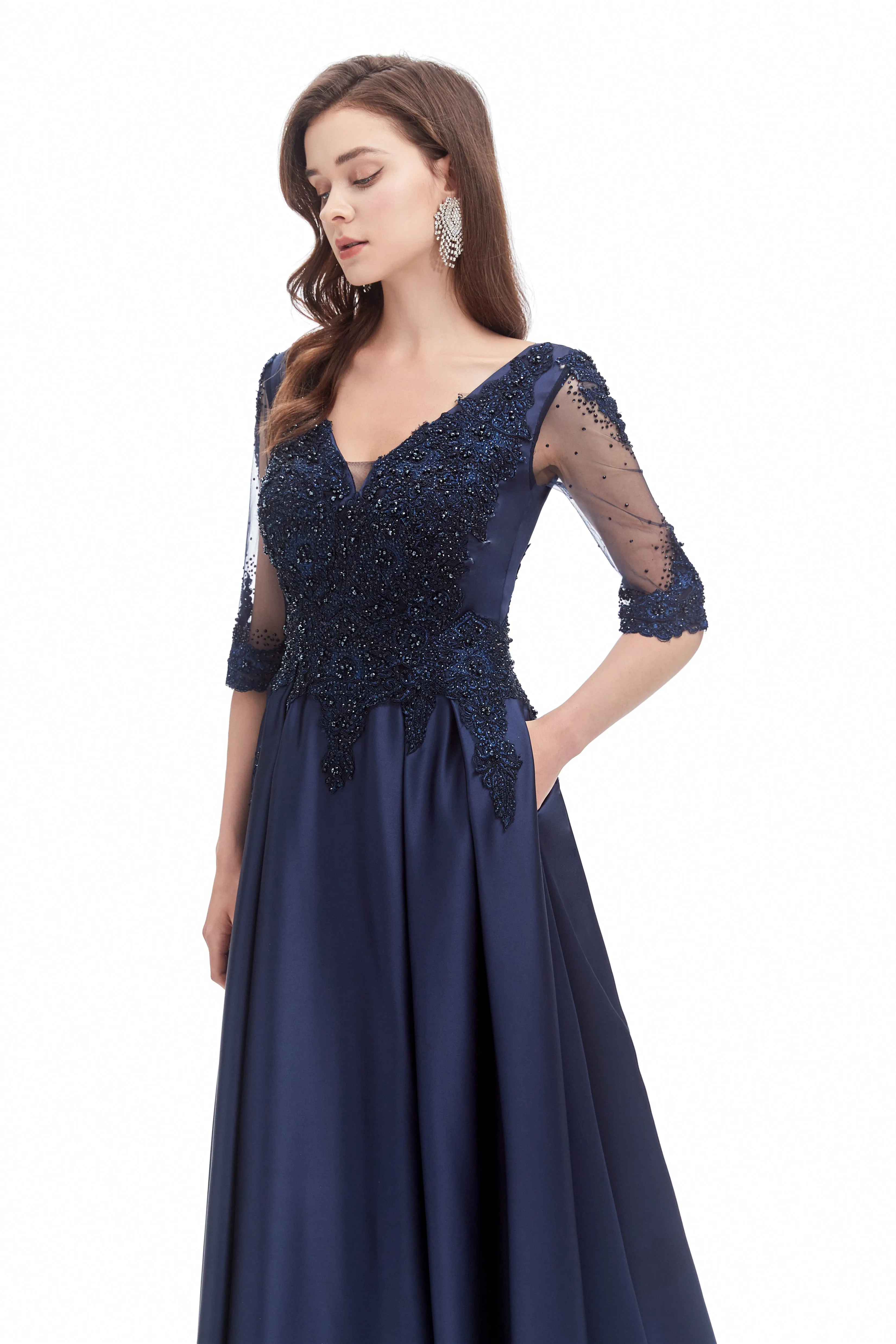 Mermaid V-neck Sequined Beaded Floor-length Half Sleeves Appliques Lace Prom Dress