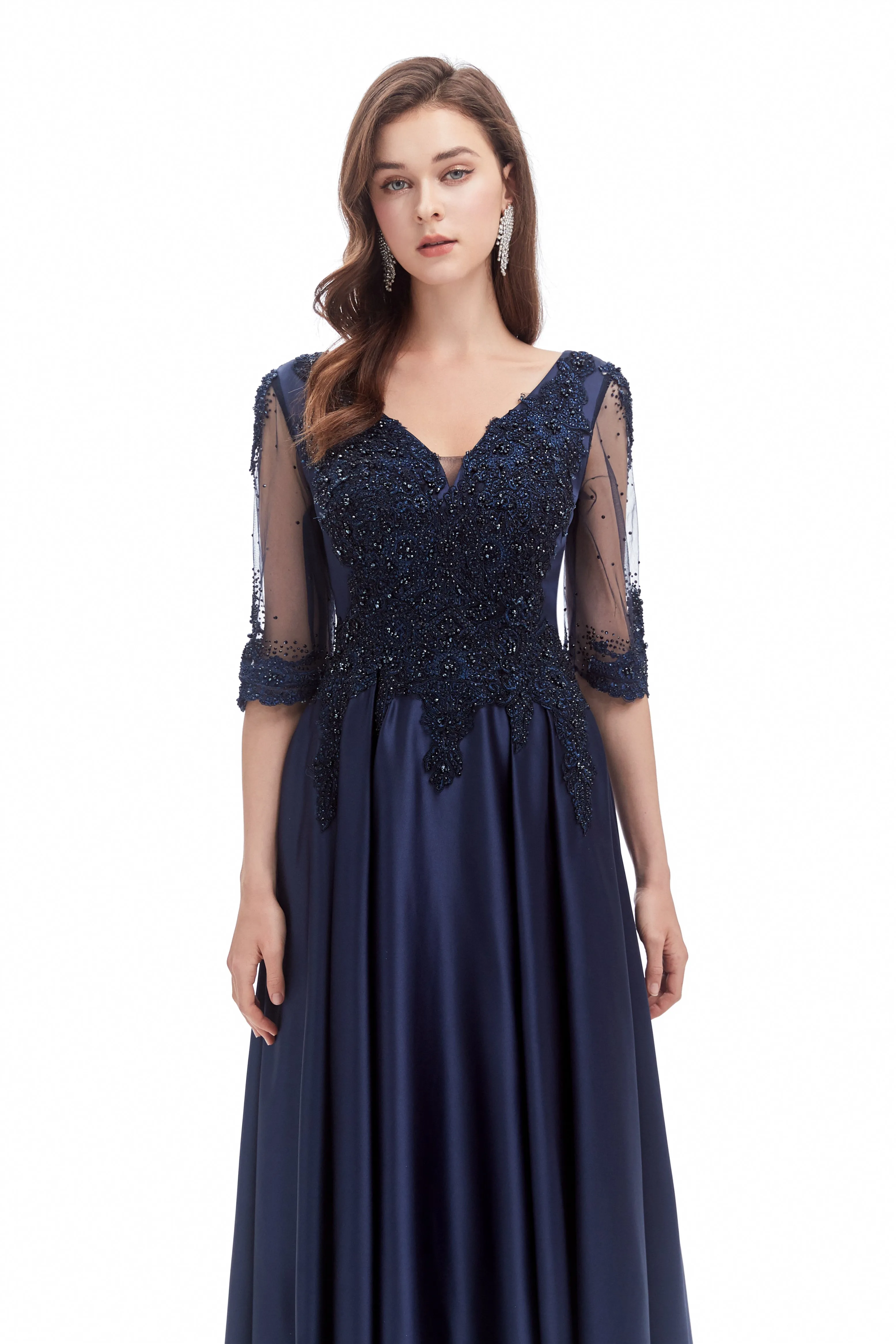 Mermaid V-neck Sequined Beaded Floor-length Half Sleeves Appliques Lace Prom Dress