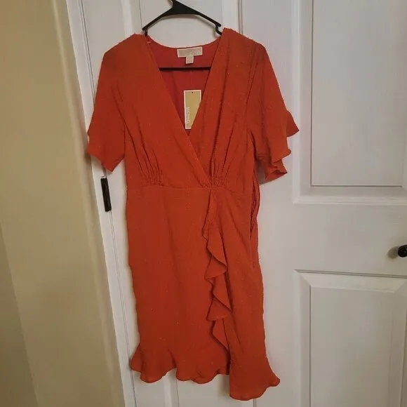 Michael Kors Women's Faux-Wrap Mini Dress,  Optic Orange Sizes M &amp; XL