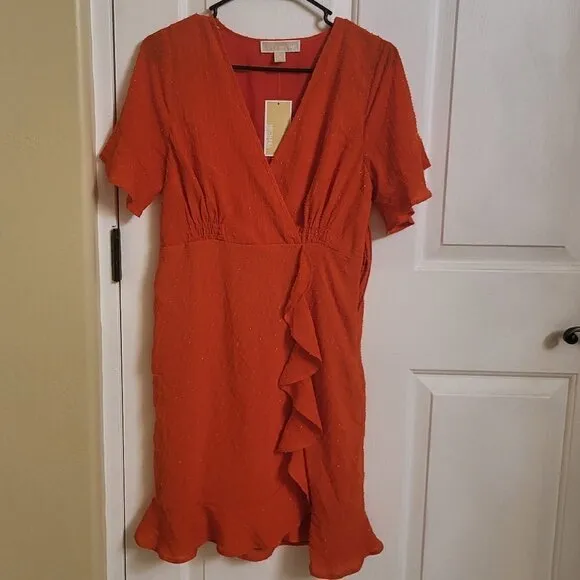 Michael Kors Women's Faux-Wrap Mini Dress,  Optic Orange Sizes M &amp; XL
