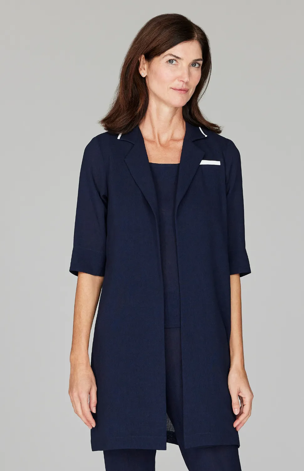 Microlinen Long Blazer with Contrast Trim
