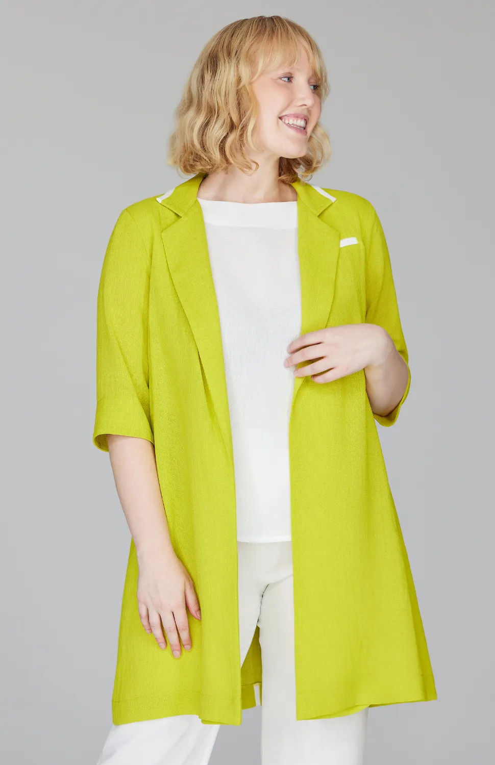 Microlinen Long Blazer with Contrast Trim