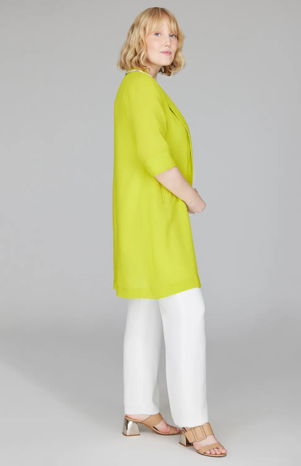 Microlinen Long Blazer with Contrast Trim