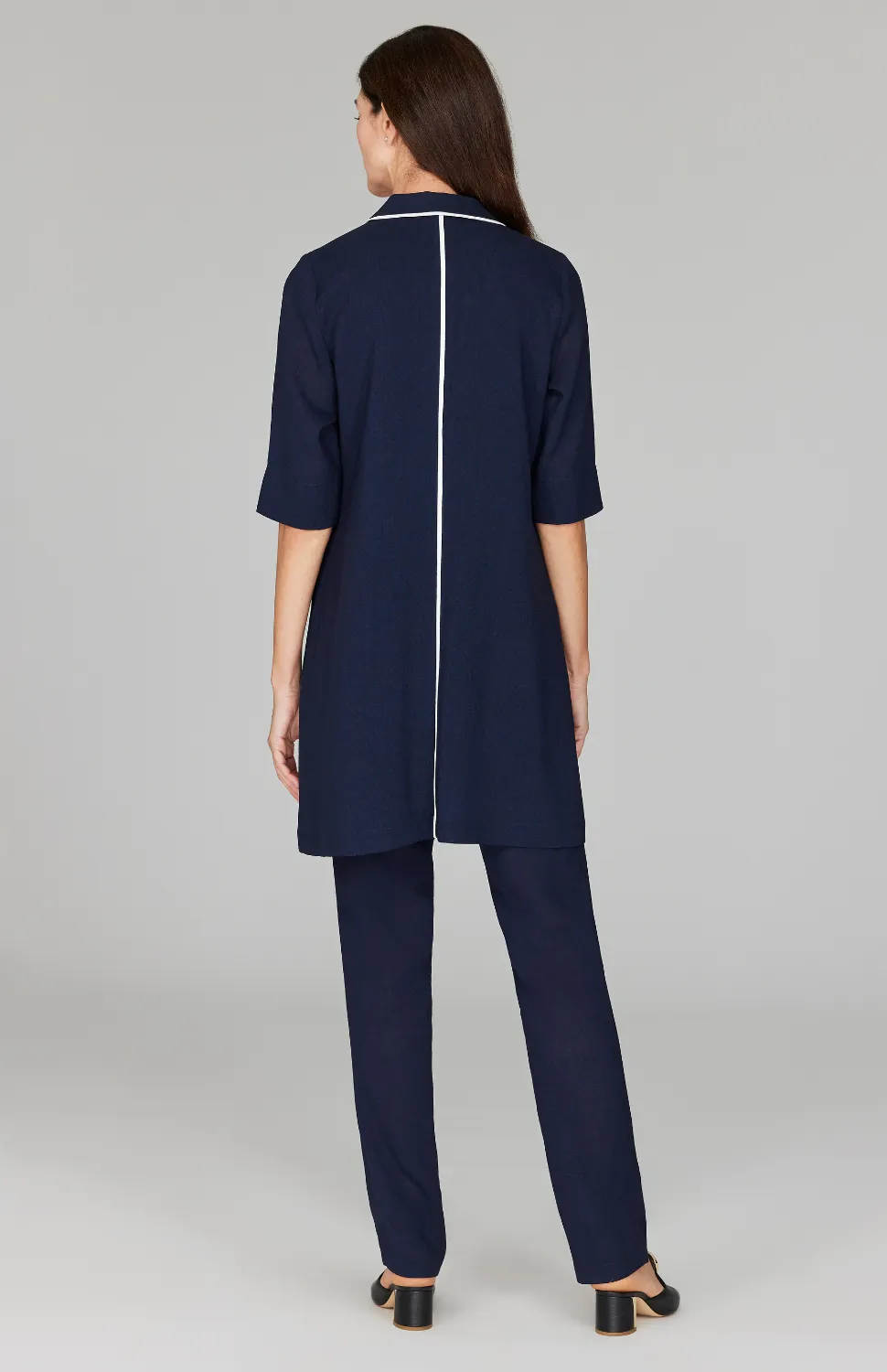 Microlinen Long Blazer with Contrast Trim